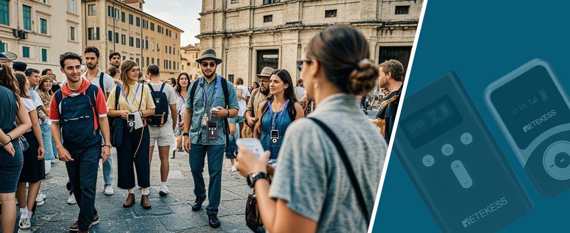 Průvodcovský systém Retekess T130S, 100M audio průvodce, 49 kanálů, D-sluchátka, bezdrátový průvodcovský systém pro turistiku, prohlídky továren
