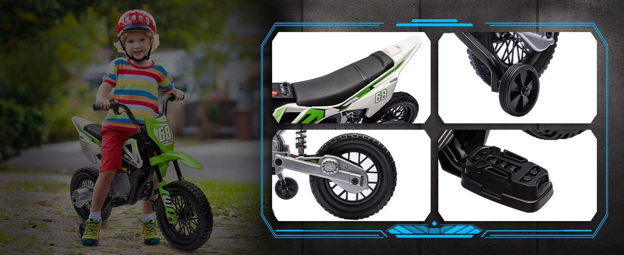 AIYAPLAY Elektryczny motocykl dziecięcy Elektryczny motocykl z muzyką, dla dzieci 2,4-5 km/h Elektryczny motocykl z 2 kółkami bocznymi dla dzieci w wieku 3-6 lat, zielony
