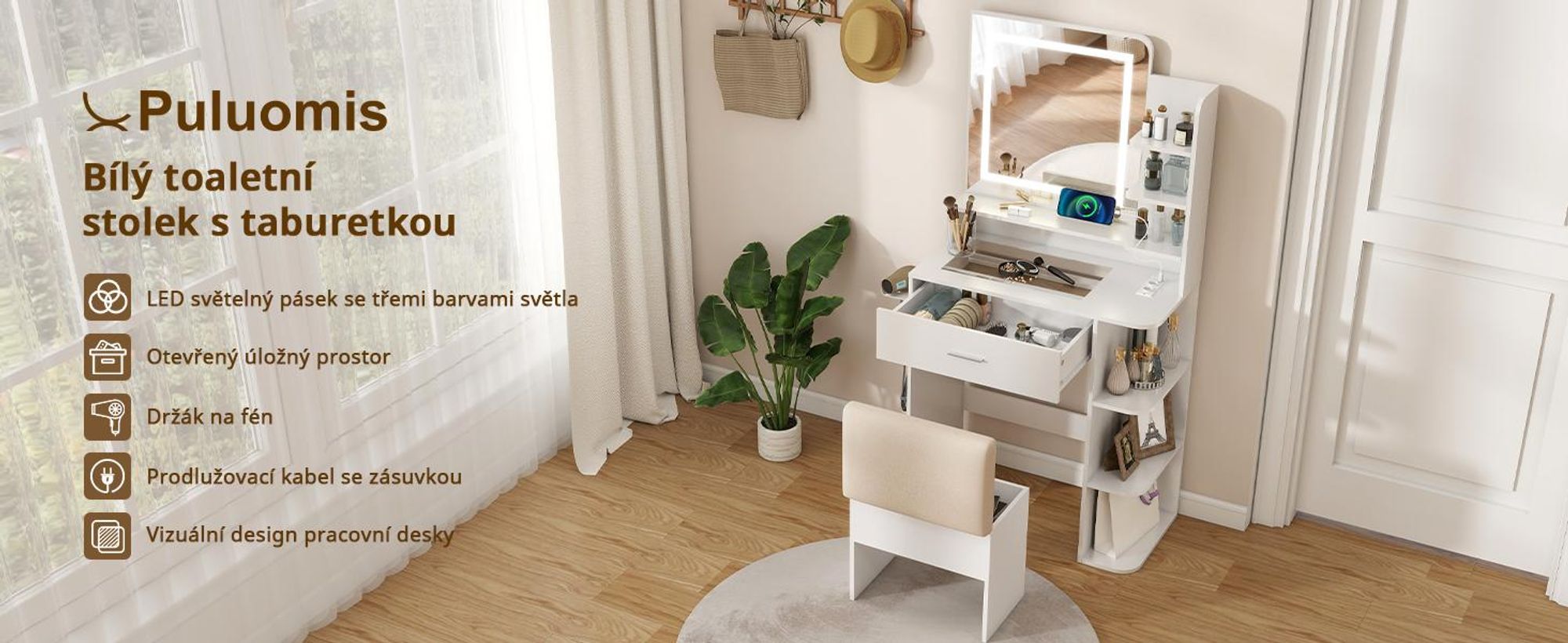 Kosmetický stolek Puluomis s regulovatelným LED osvětlením, toaletní stolek se zásuvkou, držákem na fén, USB porty a zásuvkami, skleněnou deskou, a stolička s úložným prostorem, bílá barva