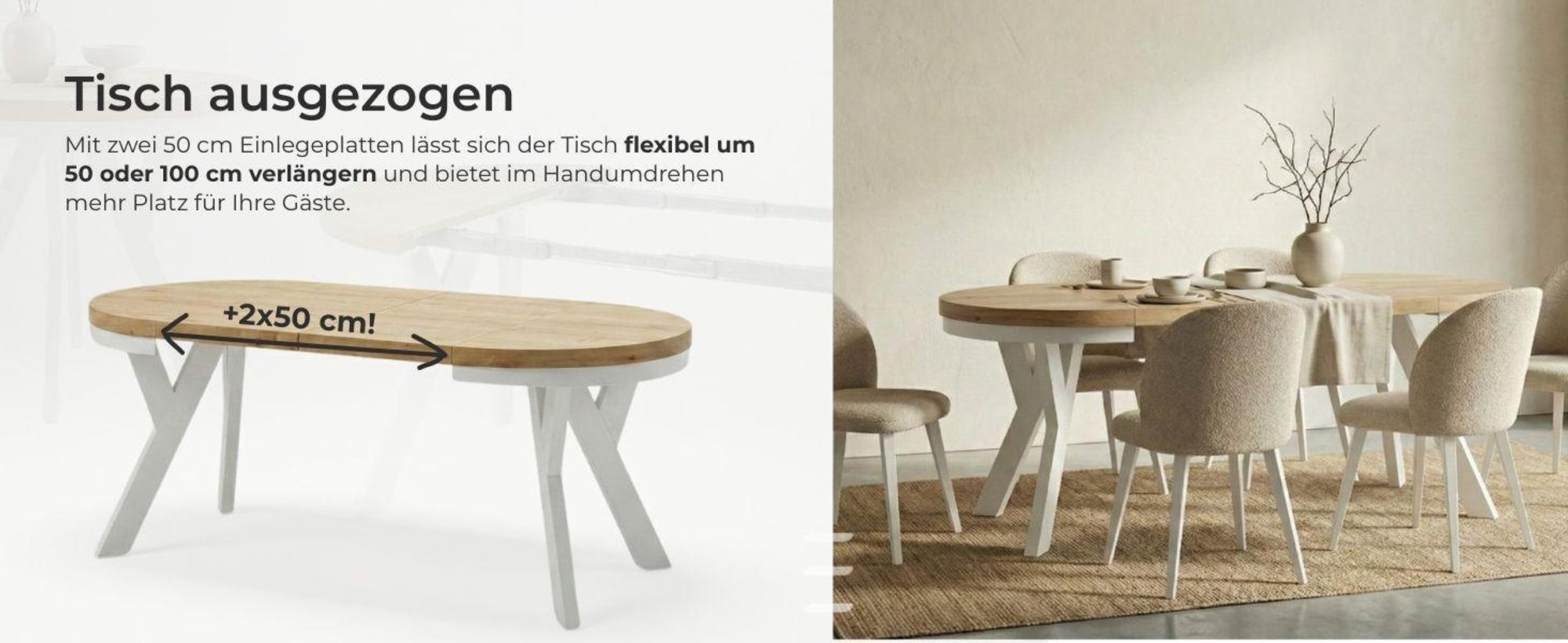 Runder Ausziehbarer Tisch für Esszimmer, PERO mit einem Ring-Gestell, Loft-Stil, Skandinavische, Durchmesser: 110 / 210 cm, Farbe: Eiche Sonoma / Weiß