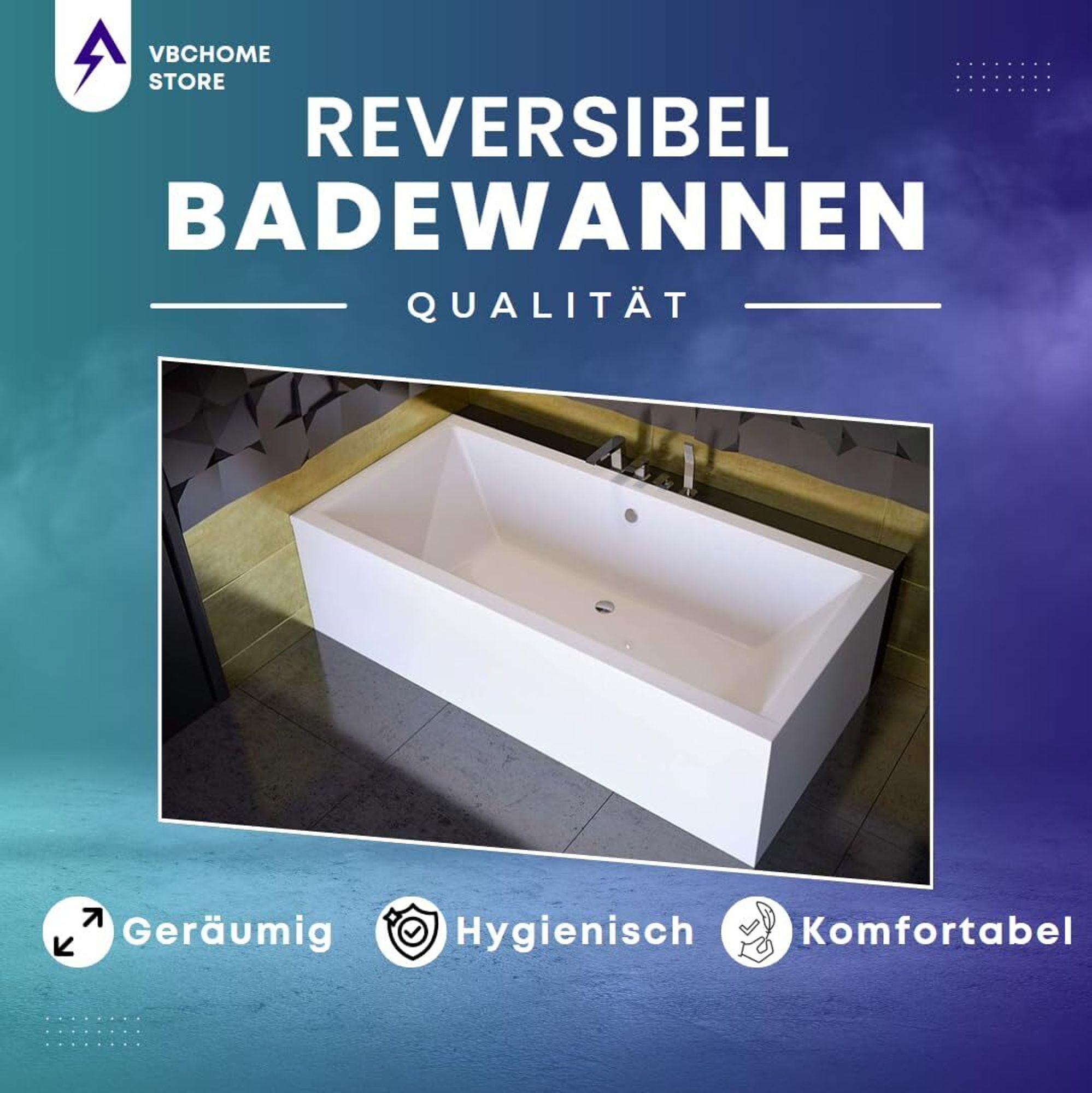 VBChome Acrylbadewanne 180 x 80 cm Weiß mit Styroporträger und Schwarz Siphon - Modern, langlebig und wärmeisolierend, perfekt für das Badezimmer