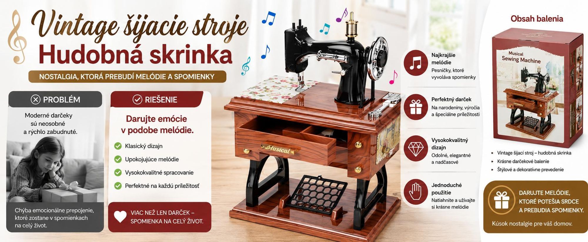 Hracia skrinka v tvare šijacieho stroja v retro štýle, mechanická hracia skrinka s natahovacím mechanizmom – MUSISEW