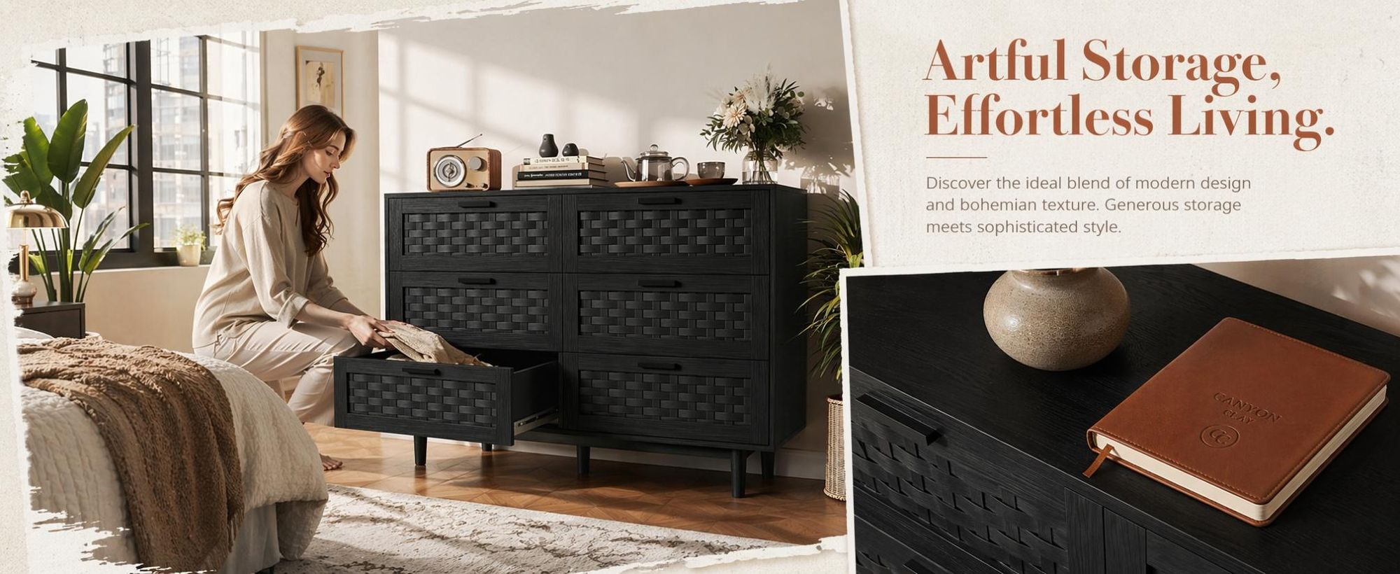 INONEFT Kommode mit Rattan-Geflecht 6 Schubladen, Sideboard, Komode, Schubladenschrank, Vorratsschrank, Schwarz H80cm B115cm T40cm