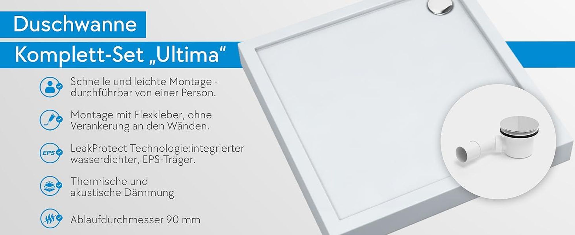 AQUABAD® Duschwanne Komplettset Ultima LeakProtect® Smooth White 90x90cm Quadrat mit Ablaufgarnitur Alcadrain A49CR