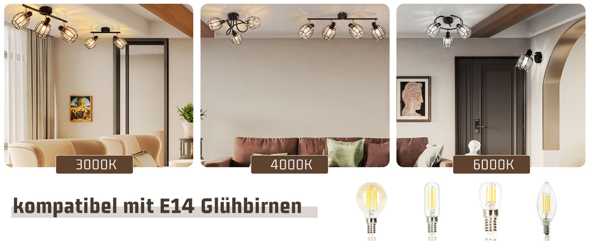 ZMH Deckenstrahler Flur Deckenspot Vintage Deckenleuchte 1 Flammig Kristall Lampenschirm E14 Industrial Strahler Schwarz 350°Schwenkbar Flurlampe MAX.40W für Küche Bett (Ohne Leuchtmittel)