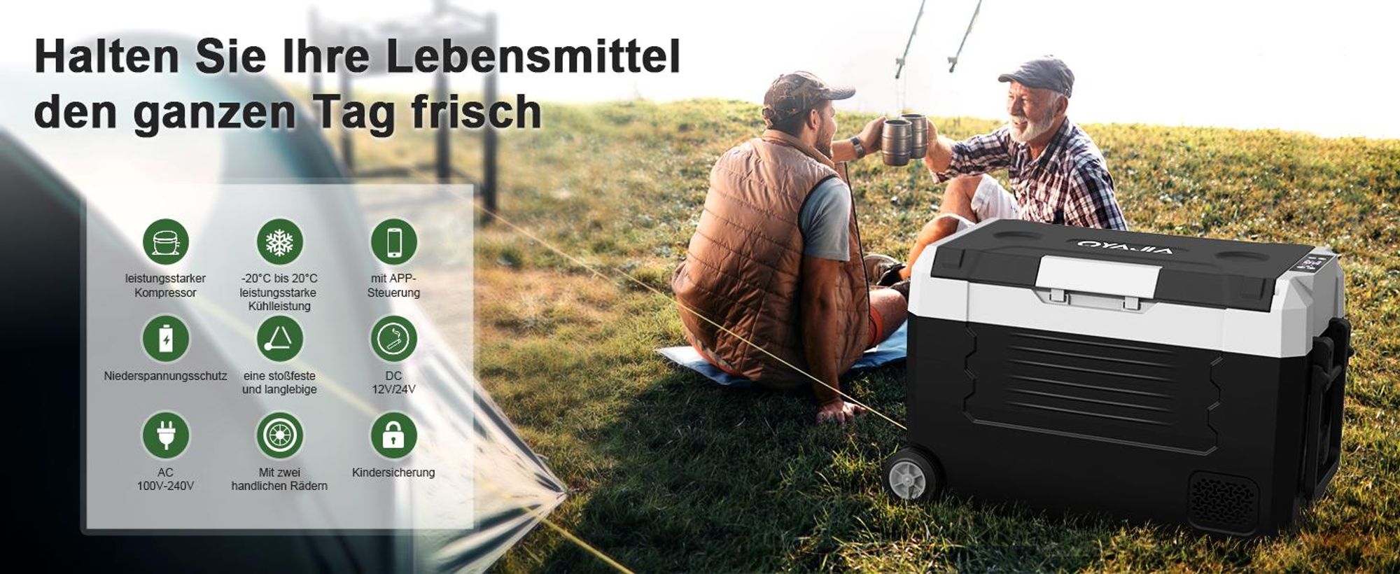 55L Kompressor Kühlbox Dual Zone bis -20℃, 12/24V DC & 230V AC,Kühlbox Kompressor mit APP-Steuerung, Gefrierbox für Auto, Boot, Camping, Geländefahrt