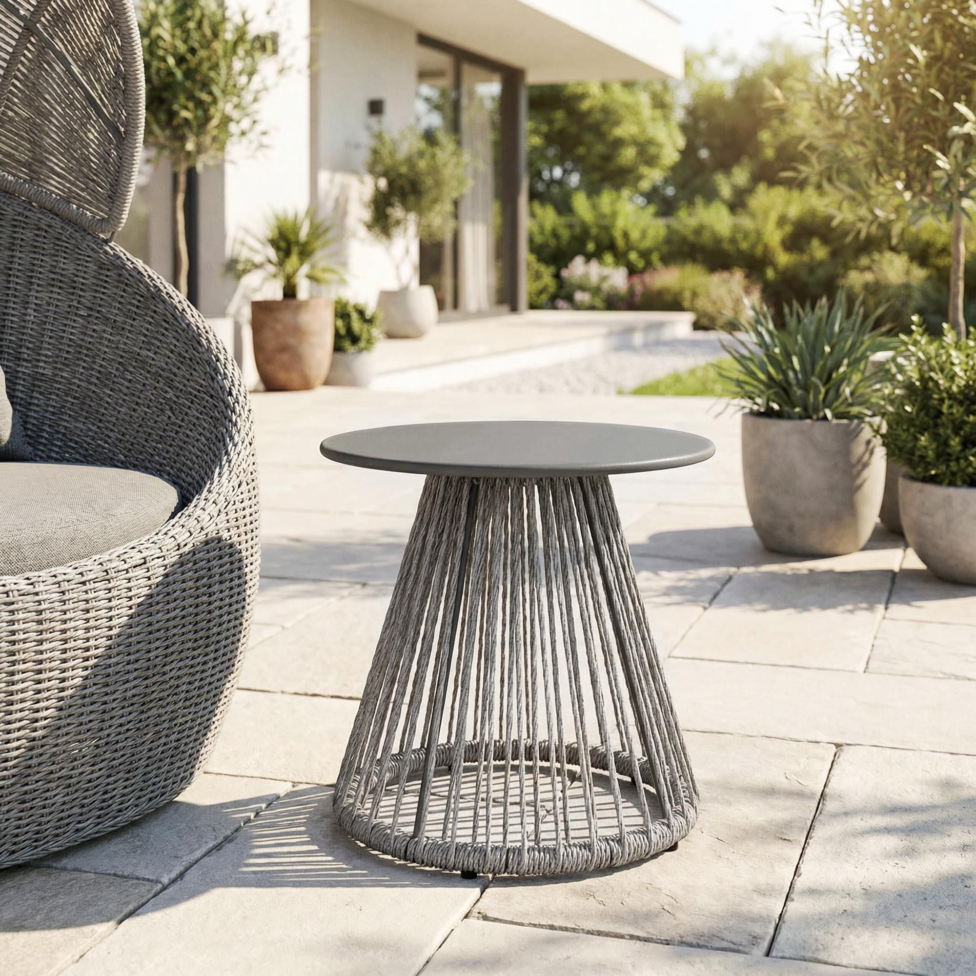 di volio Beistelltisch CAPRIO - runder Outdoor Tisch aus Rattan für Balkon & Terrasse, wetterfest - grau