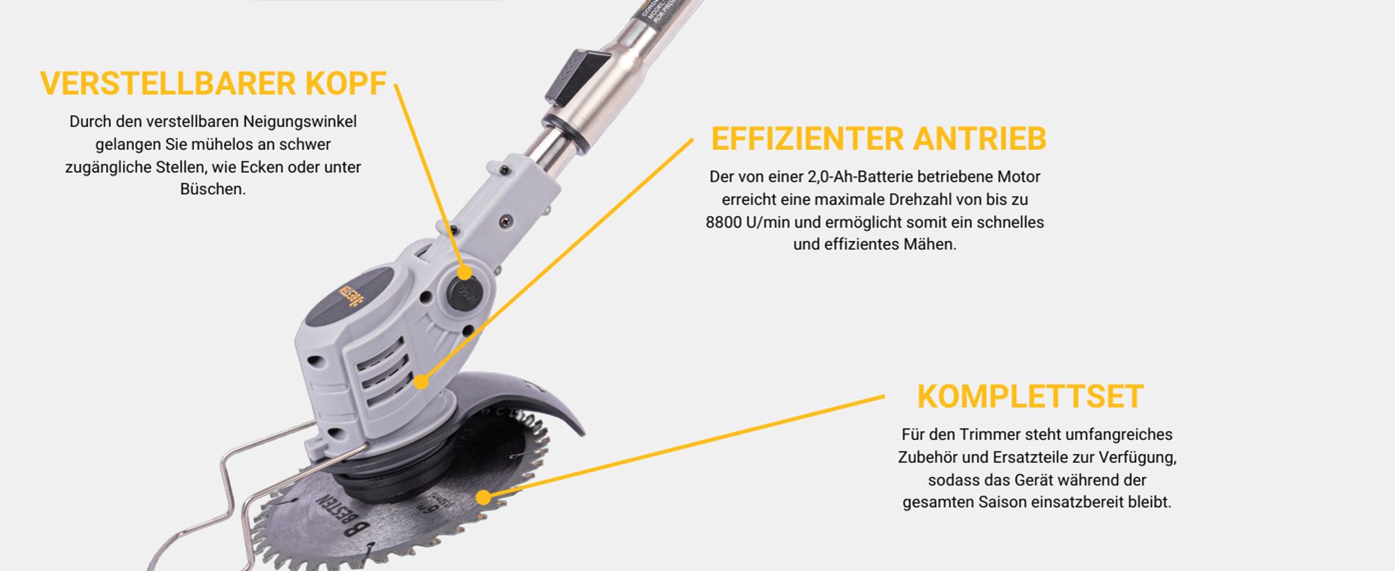 BESTEN Akku-Trimmer, Rasentrimmer, Elektro-Freischneider Gras-Freischneider + Faden, 2x Akku 3.0
