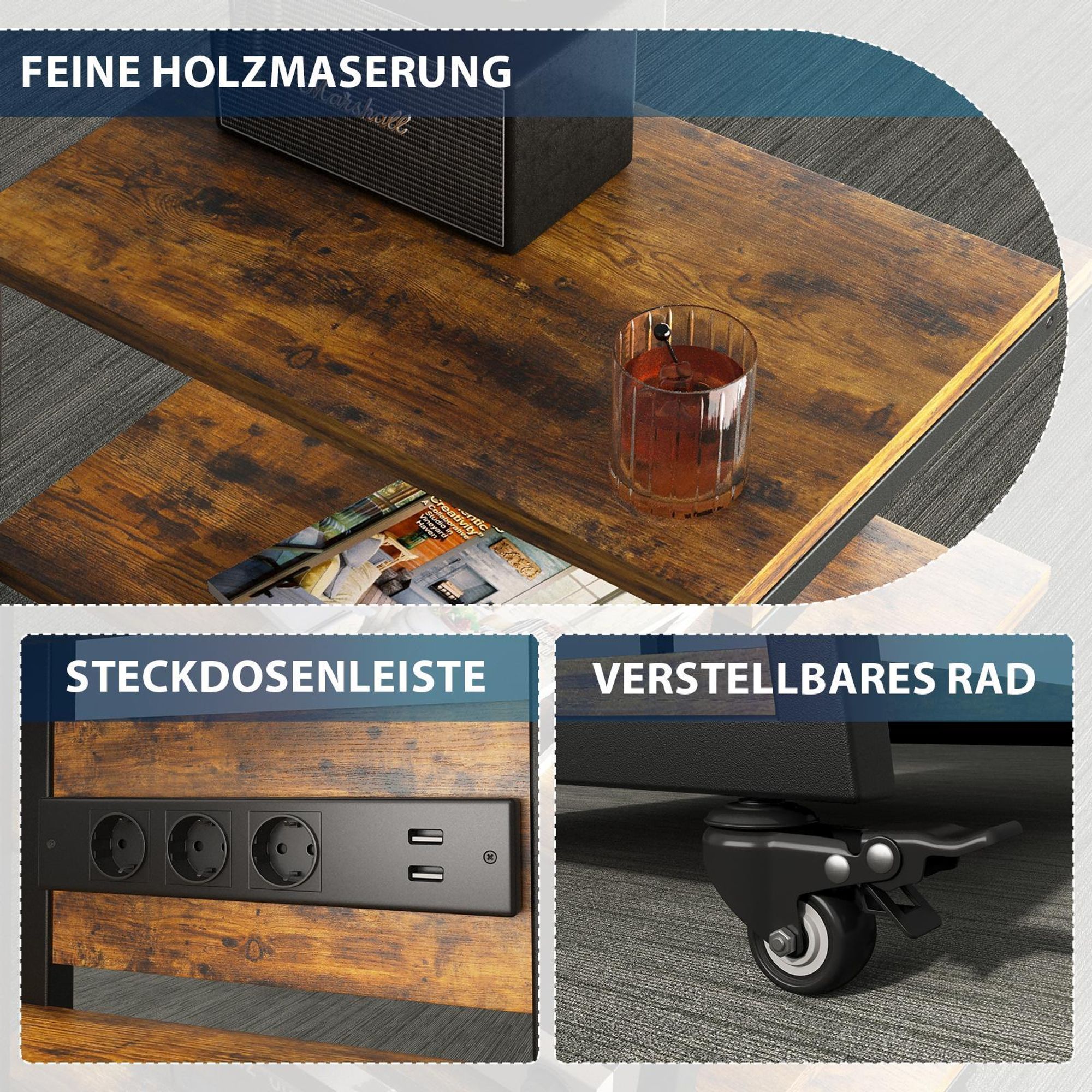 4-stufiger HiFi Rack mit Rädern, Schrank mit Steckdosenleisten, LED-Leuchten, Verstellbaren Ablage Holz Medienständer HiFi Regal für Audioanlage