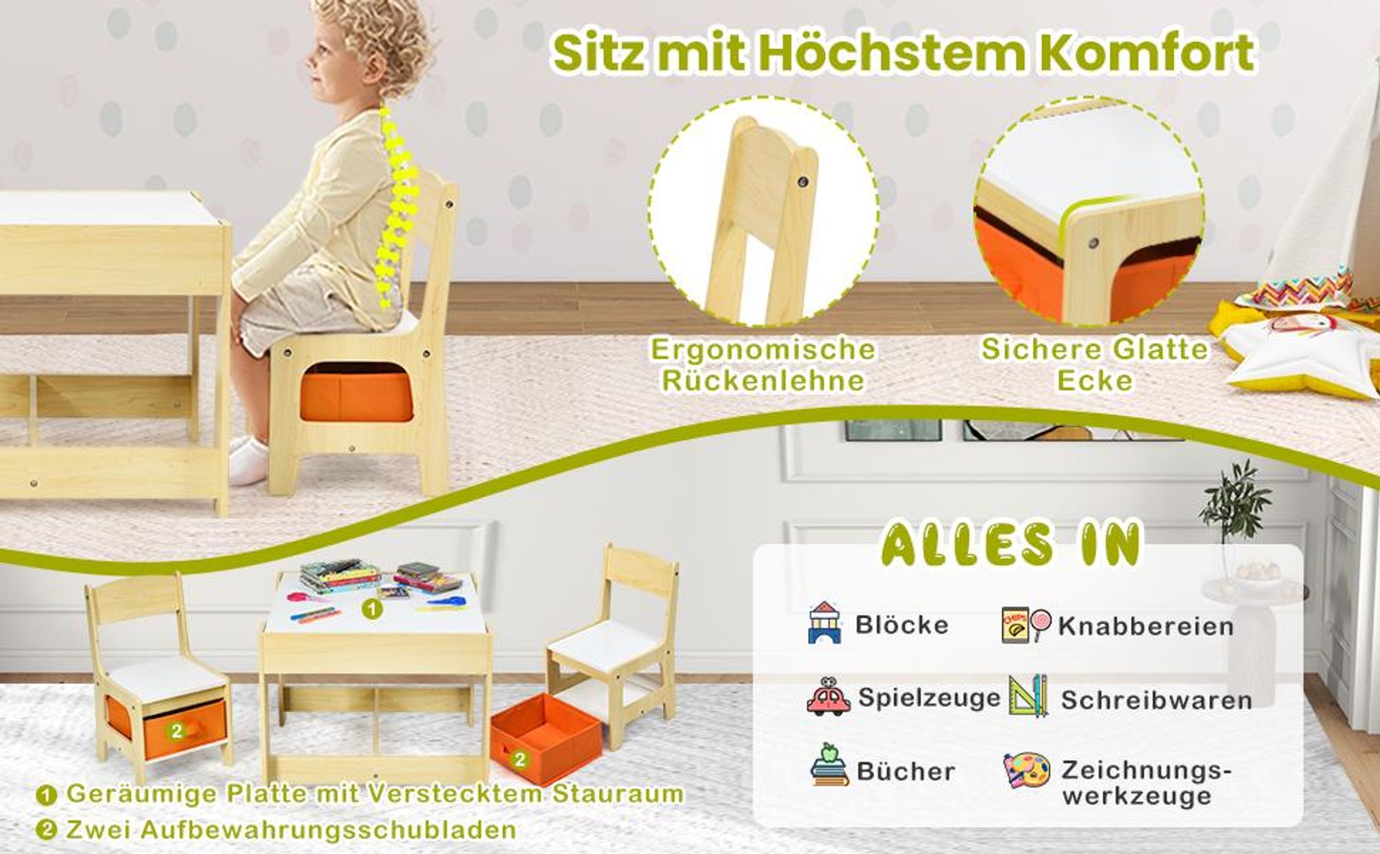 COSTWAY 3 TLG. Kindersitzgruppe, Kindertisch mit 2 Stühlen, Stauraum, Kreidetafel & Whiteboard, Kindersitzgarnitur für Kleinkinder von 3-7 Jahren