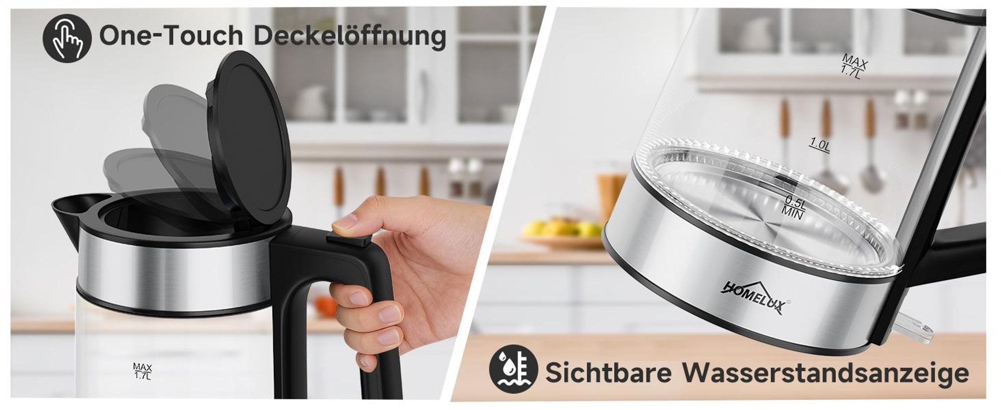 Wasserkocher Glas, 1.7 Wasserkocher Glas Mit Temperatureinstellung, 2200 Watt Kettle Durchsichtig Mit 360° Basis,Led-Beleuchtung