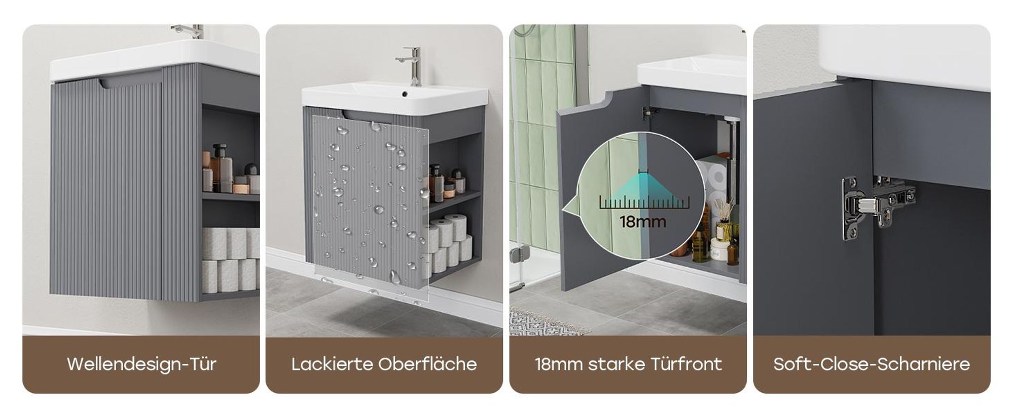 HOROW 51 cm Waschtisch inkl. Waschbecken, Waschbecken mit Unterschrank, 2-teilig Badmöbel Set, Grau Badmöbel mit Waschbecken, Vormontiert geliefert
