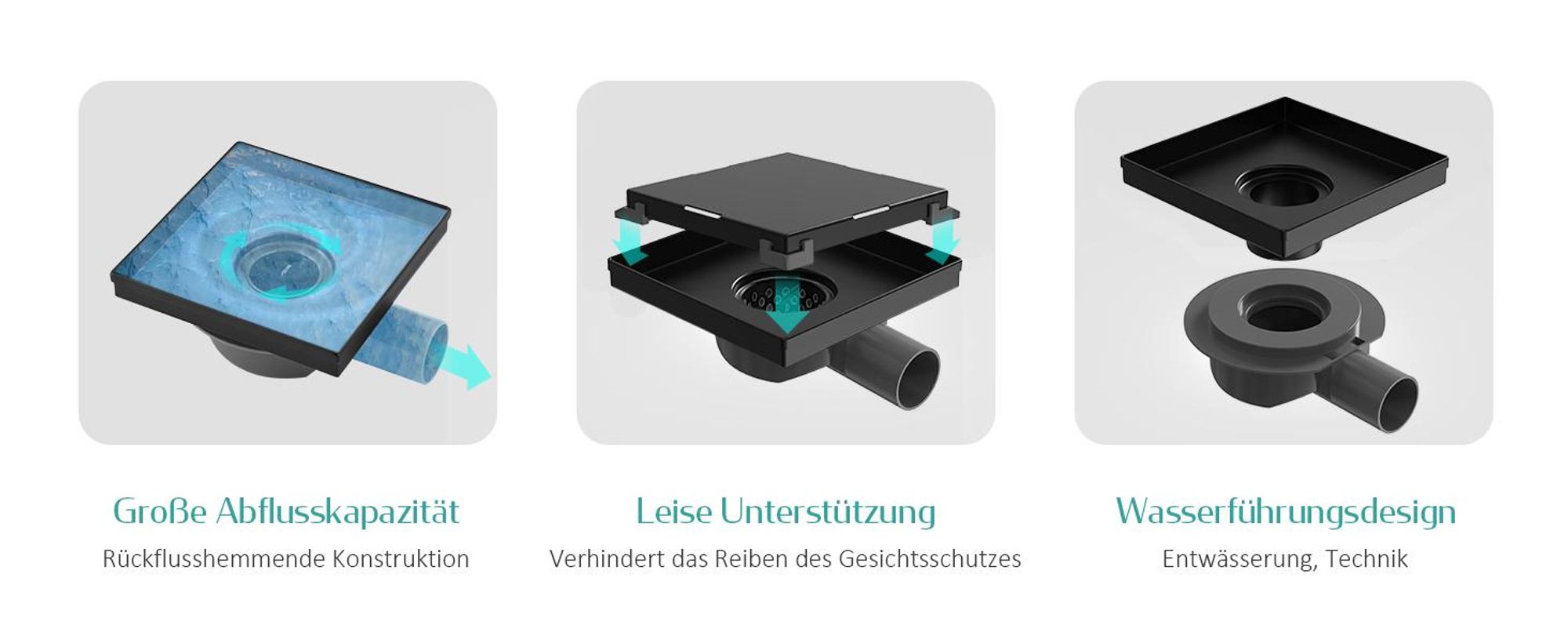 EMKE Bodenablauf Edelstahl Eck 152 x 152mm Mattschwarz Ablaufgarnitur mit Siphon Geruchsstop und Haarsieb, Duschablauf Abfluss Ablaufloch set