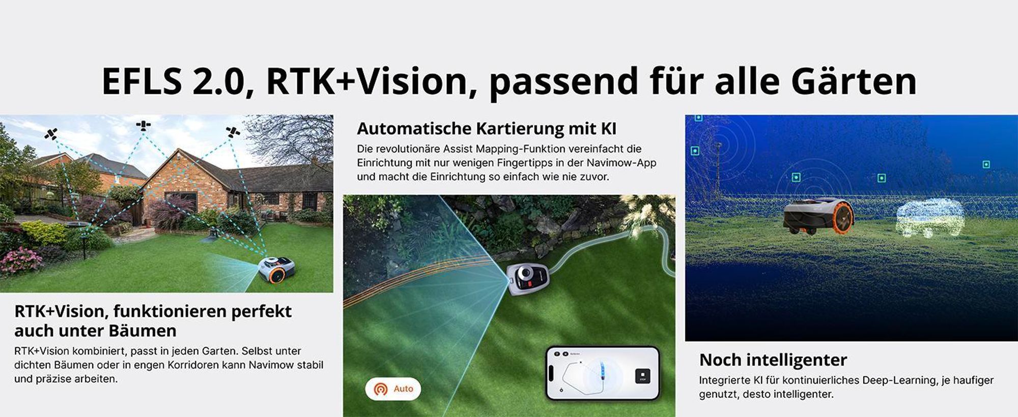 Navimow i105E+Garage S, Mähroboter ohne Begrenzungskabel, Empf. 500 m², Max. 600 m², RTK+Vision Rasenmäher Roboter , Igelschutz Rasenroboter