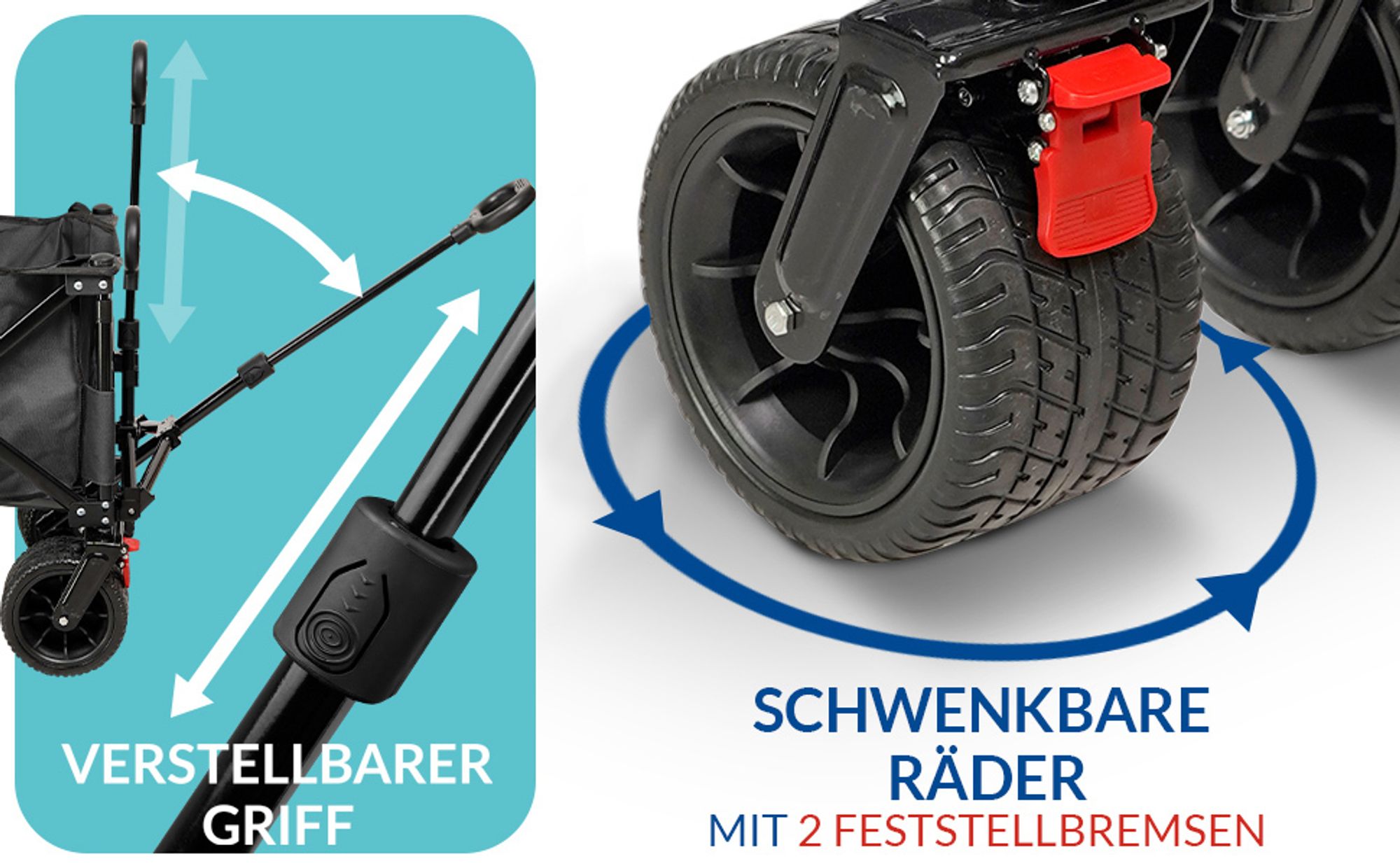 Die Bremse und die verstellbare Zugstange vom schwarzen Bollerwagen von LAWA.