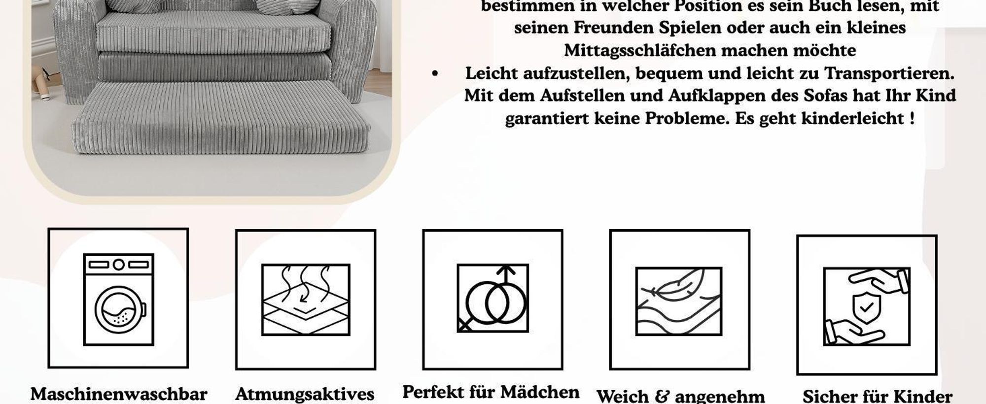 Kindersofa groß Cord in Dunkelblau mit Verlängerung, bequem & klappbar