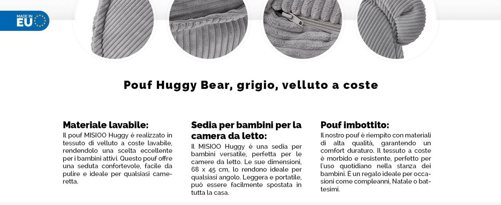 MISIOO Beanbag Kids - Lavabile - - Struttura robusta e morbida - Materiale in corda - 68x45 cm - Perfetto per la cameretta dei bambini - Grigio