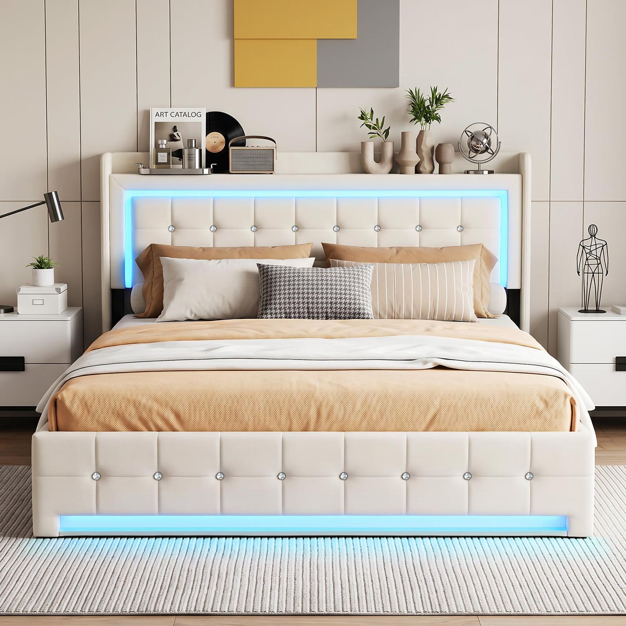 OYAJIA Polsterbett Doppelbett 140×200 mit Led Kopfteil und Hydraulischem Stauraum,Jugendbett mit USB&Type-C Ladestation,Stauraumbett Funktionsbett