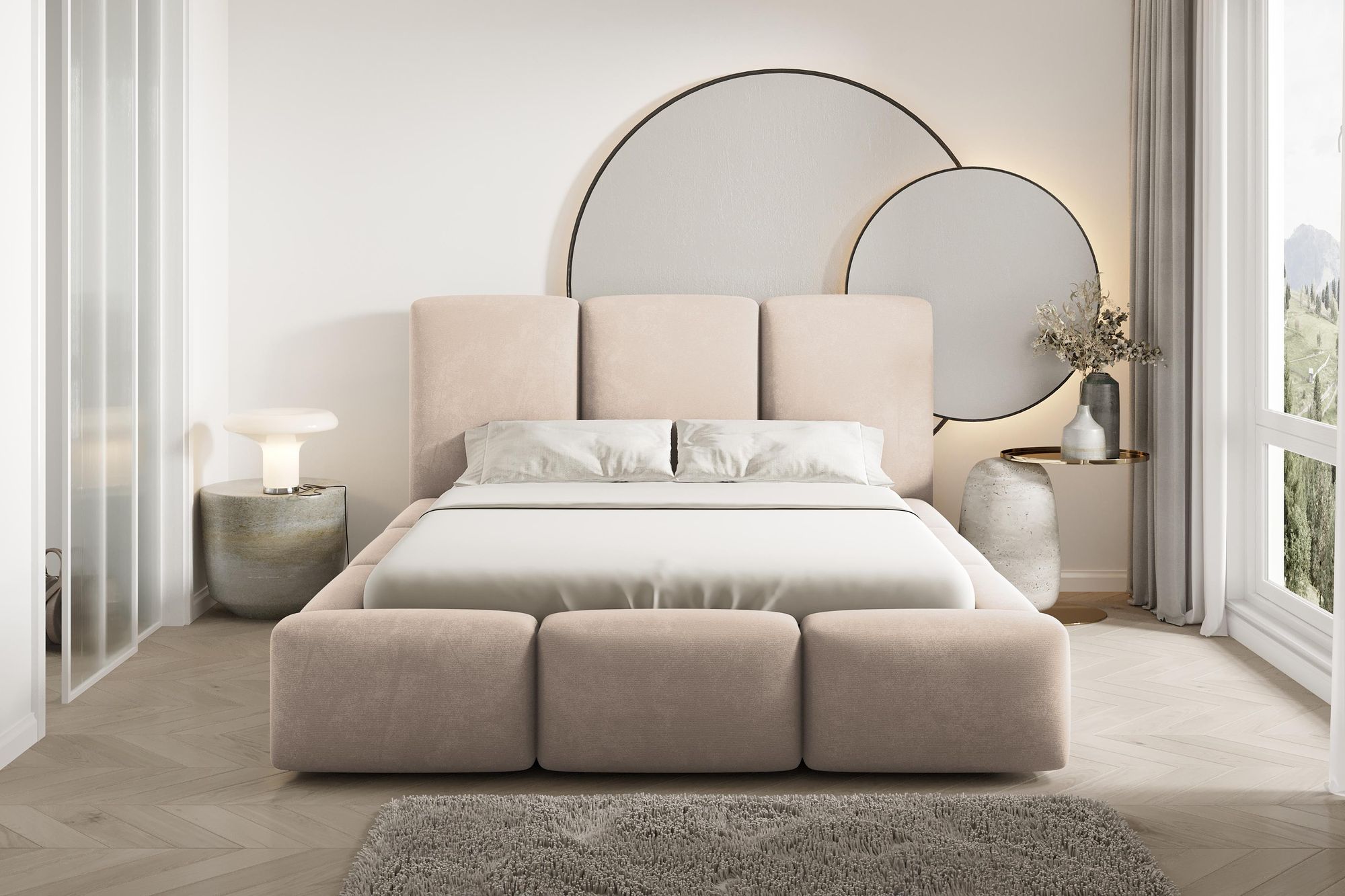 Polsterbett BUBBLE 180x200 cm Beige, Veloursbett Velluto 02, Bett mit Bettkasten, Metall-Lattenrost
