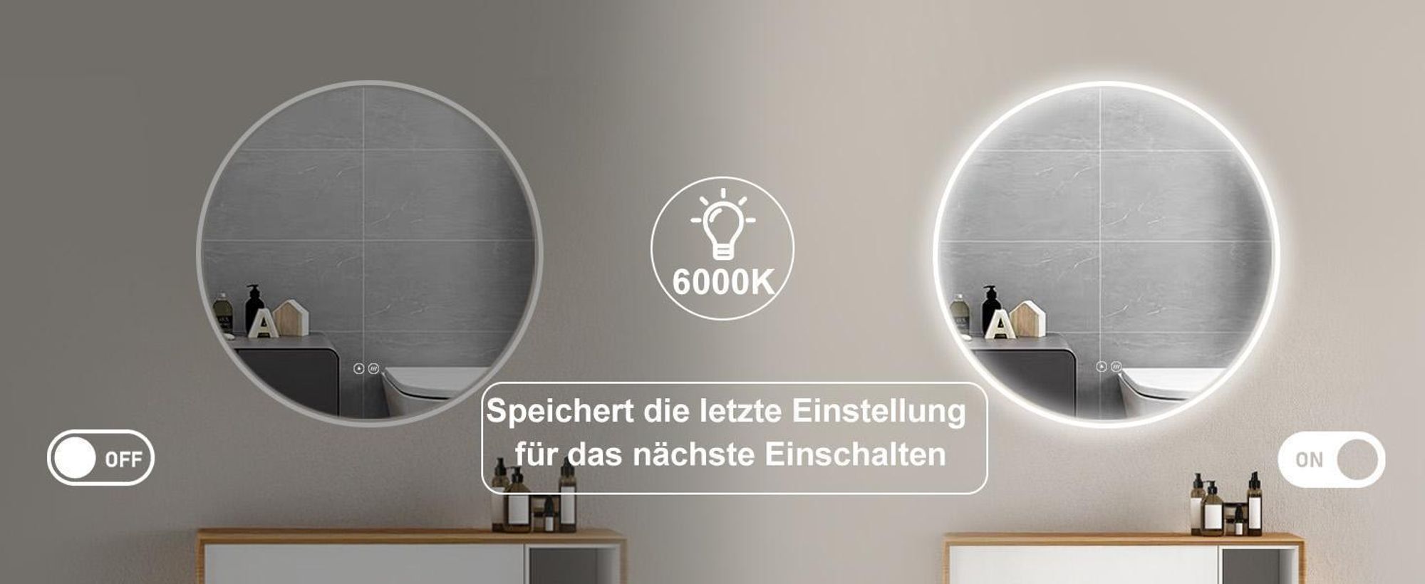 HOKO Badspiegel LED Antibeschlag Rund 60cm+LED Wechsel Warmweiß-Kaltweiß-Neutral 2700-6500K. Licht mit Touch Schalter/Wandschalter einschaltbar). Ulm