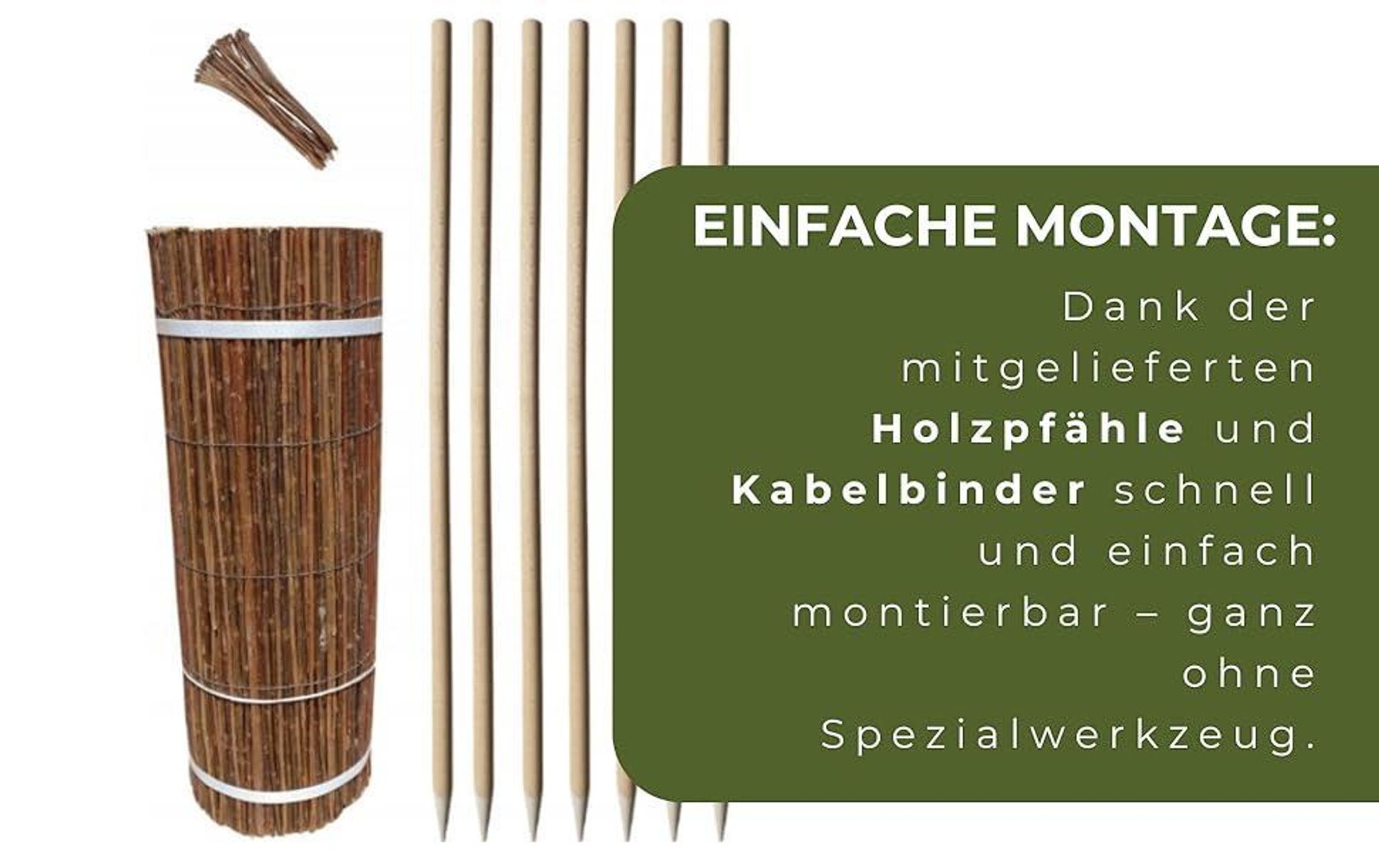 Set Weidenmatte 60x300 cm und 7 Stück Holzpfähle ⌀18 mm Länge 78 cm und 30 Stück Kabelbinder Weidezaun Zaunpfosten Holzpfosten Sichtschutz Garten