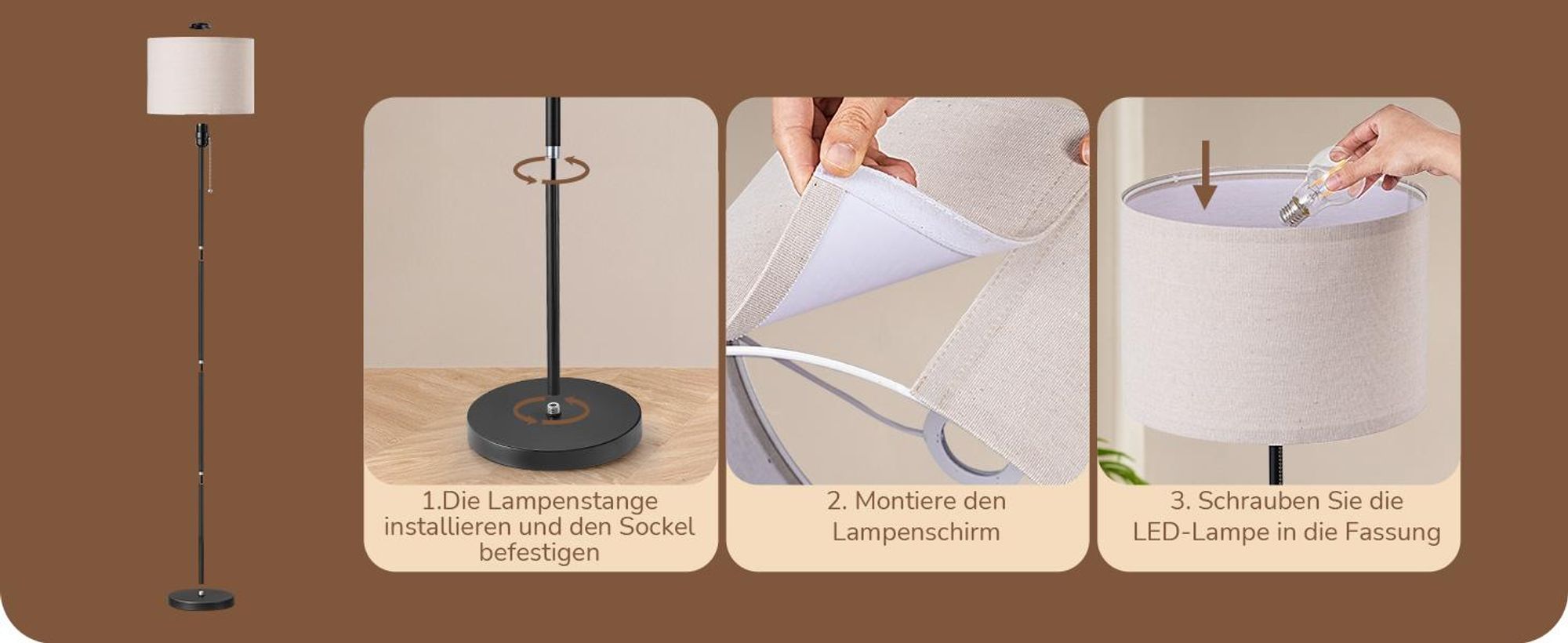 EDISHINE Stehlampe Wohnzimmer, Moderne Stehleuchte mit Leinen-Lampenschirm & schwarzm Metallgestell, für Schlafzimmer Büro, 145cm