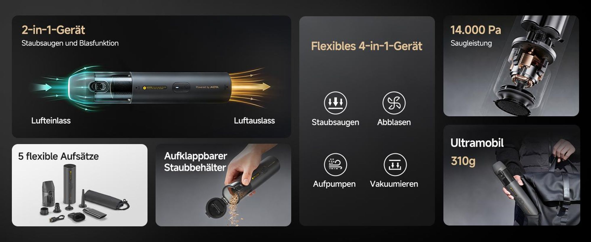 MOVA MDV001 Tragbarer 4-in-1 Handstaubsauger mit Blasfunktion, kabellos, leicht & kompakt, All-in-One für Auto, Haushalt & Büro