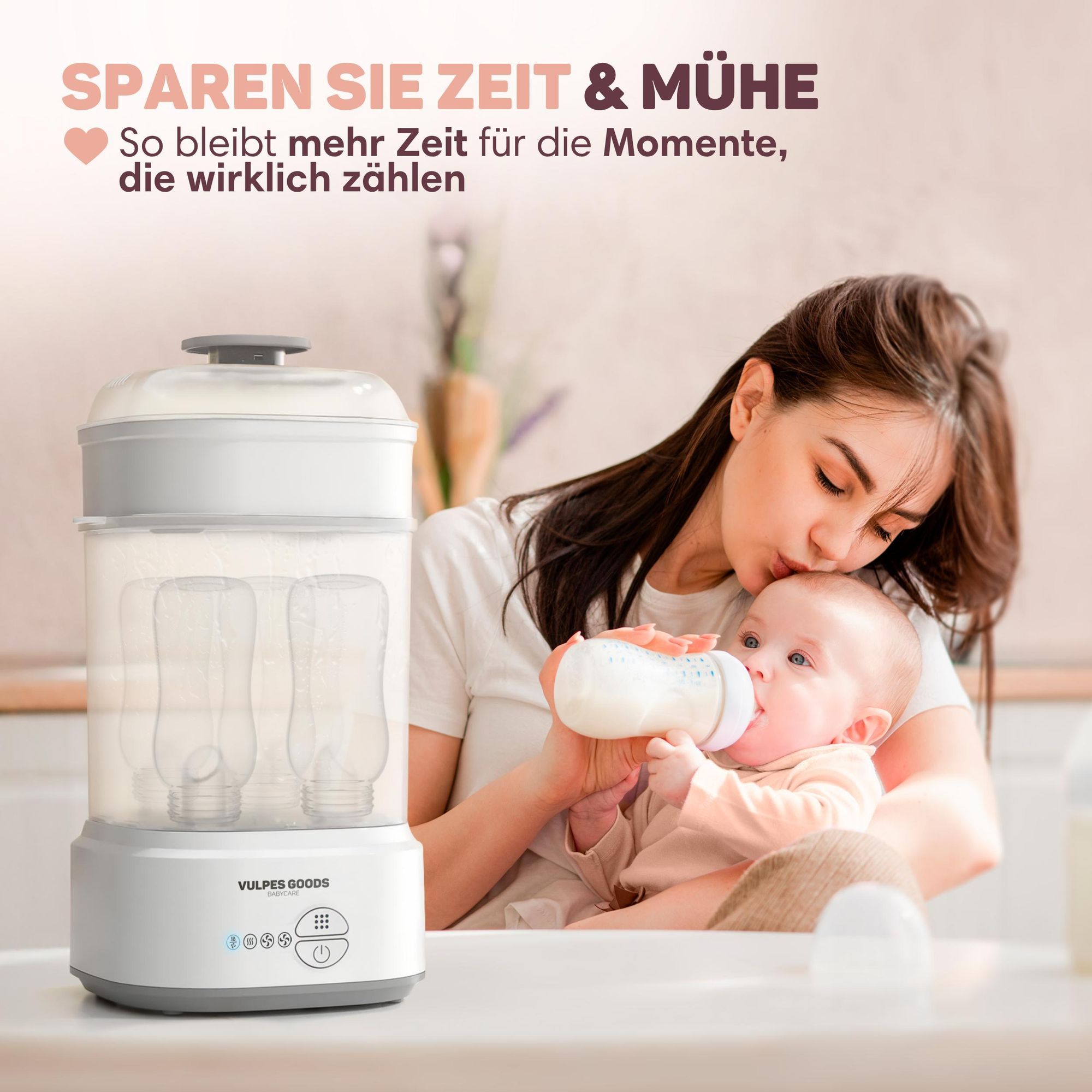 Vulpes Goods PRO Sterilisator für Babyflaschen 5-in-1 Komplettfunktion, Flaschensterilisator Baby Reinigungsset mit Dampftechnologie