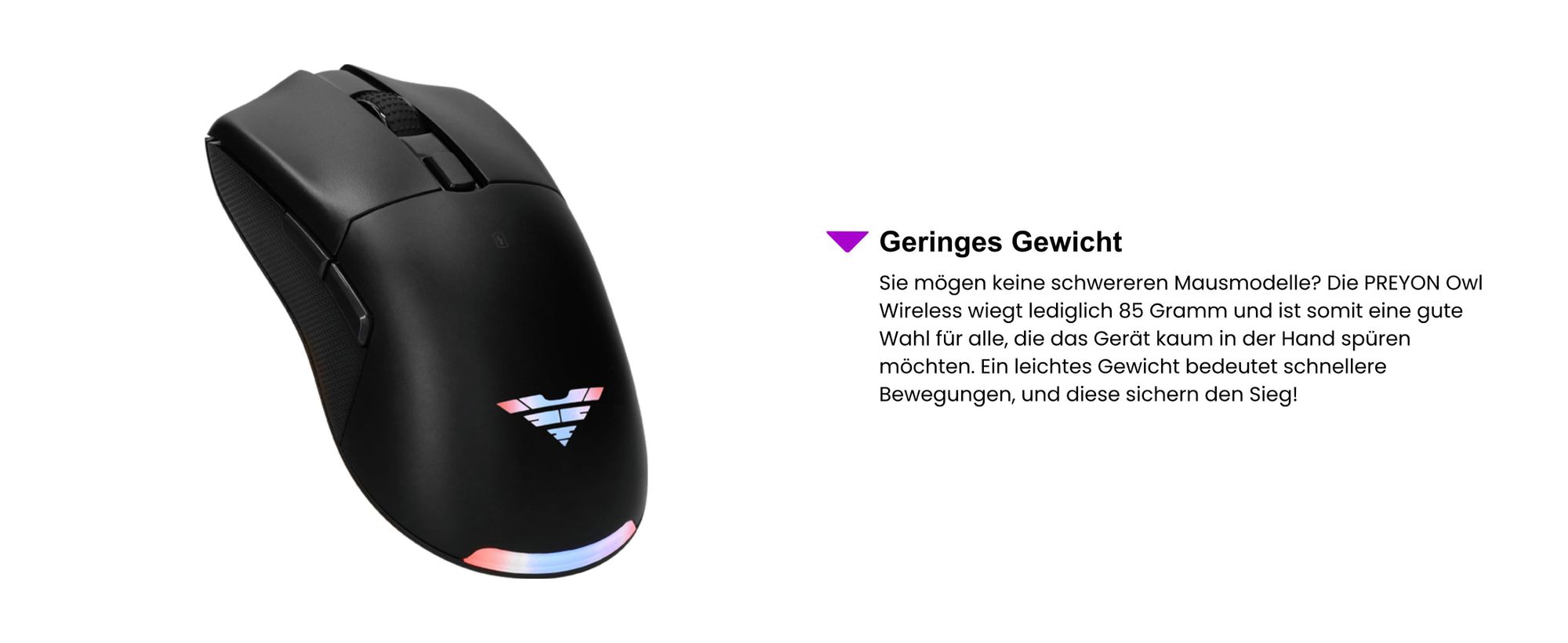 PREYON Owl Wireless Spielmaus Robuste Gaming-Maus - Zwei Verbindungsmodi - Kabellos und Kabelgebunden - Sensoren Pixart PAW 3335 - Schwindelerregende 16000 DPI - Omron 50M Schalter - RGB-Beleuchtung