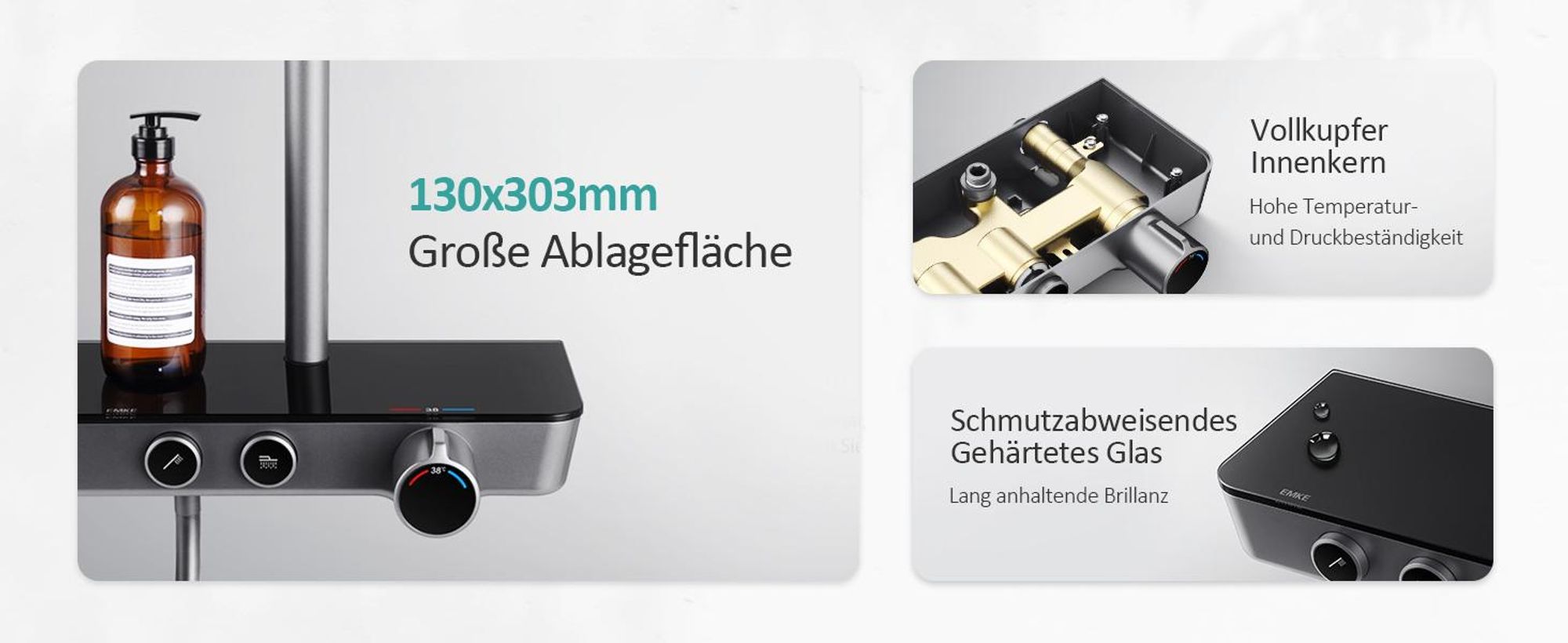 EMKE Duschsystem mit Thermostat, Edelstahl-Duschset mit 3-Funktionen Handbrause, Bad- & Duscharmaturen, KTW-, Grau- F08