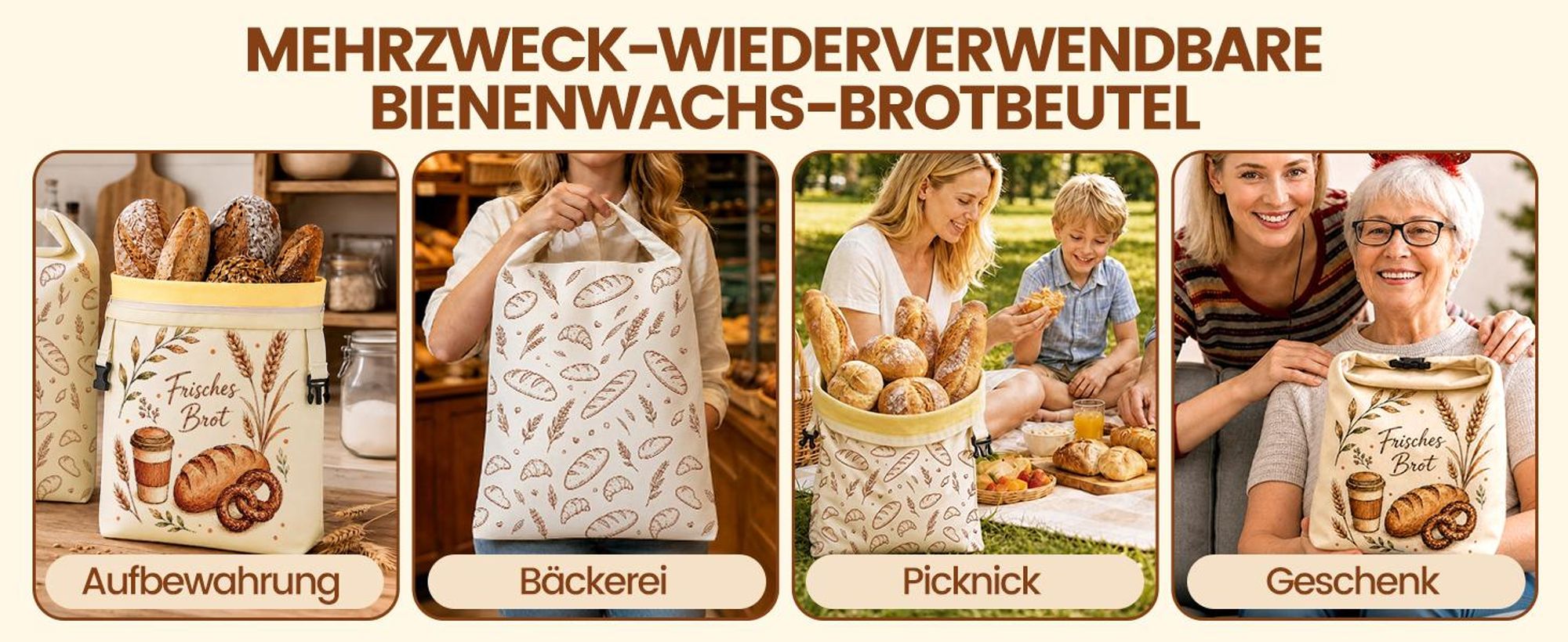 Brotbeutel Bienenwachs 2 Stück, Standboden, Mehrfachdichtung für Frischhaltung 43x32 cm