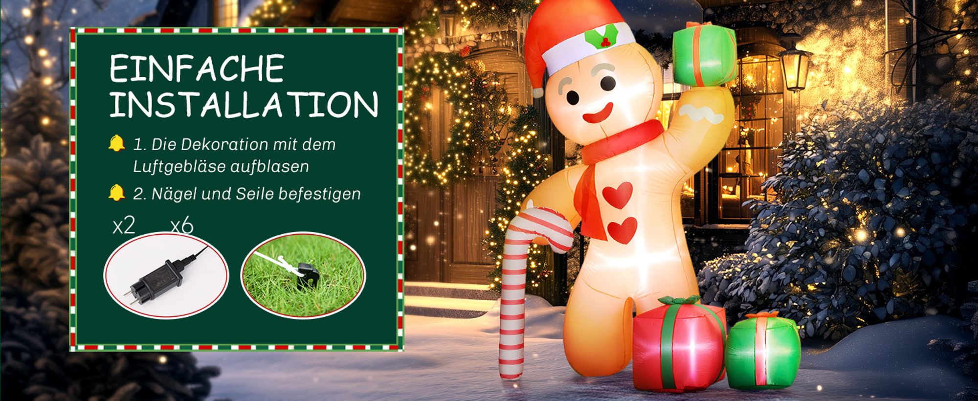 Outsunny Aufblasbare Weihnachtsdeko 2,45m Lebkuchenmann mit Zuckerstange, 6 LEDs