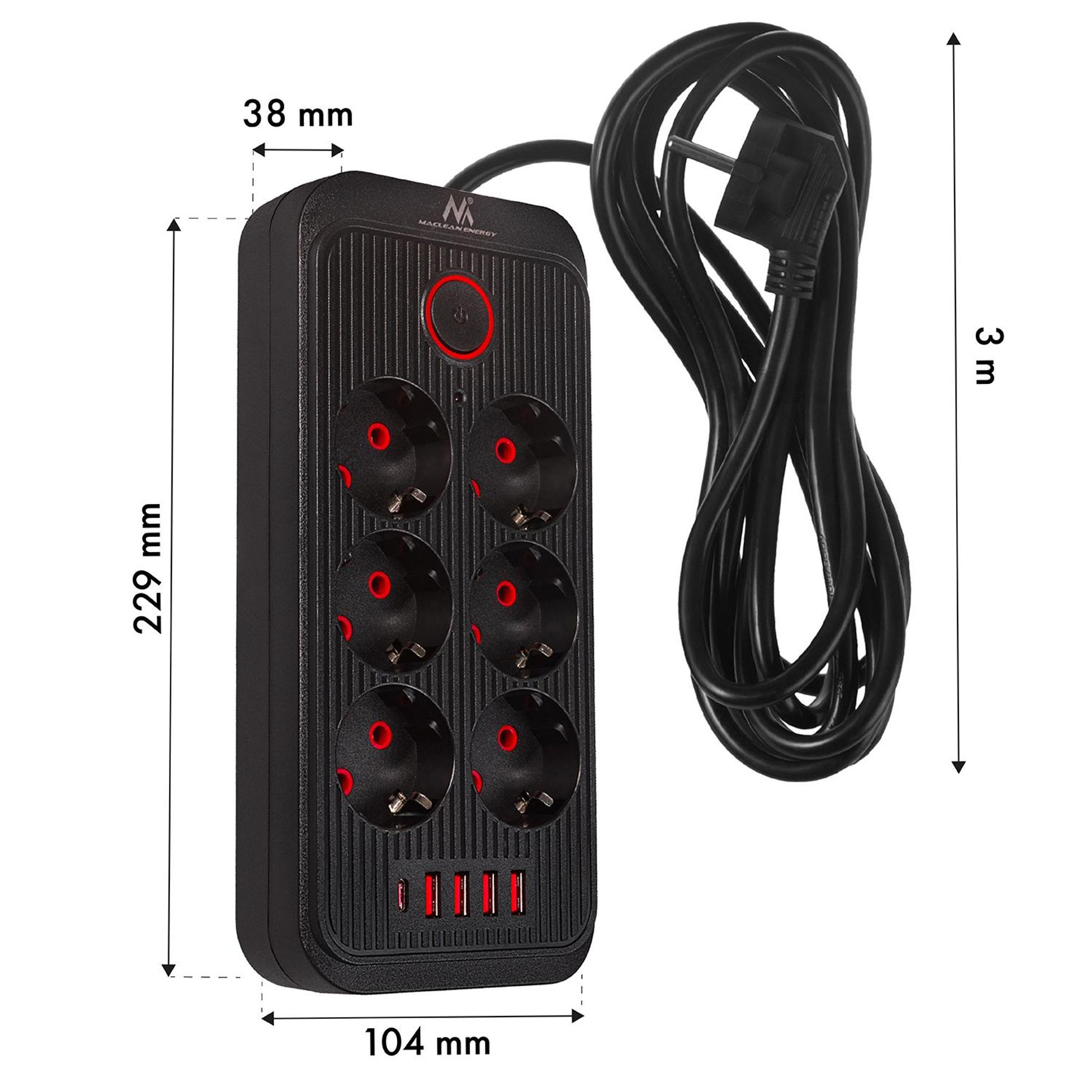 Maclean Steckdosenleiste 6-fach Verlängerungskabel + 4xUSB 110-240V AC 50/60Hz 2.1A max 2500W 3m schwarz MCE391 B