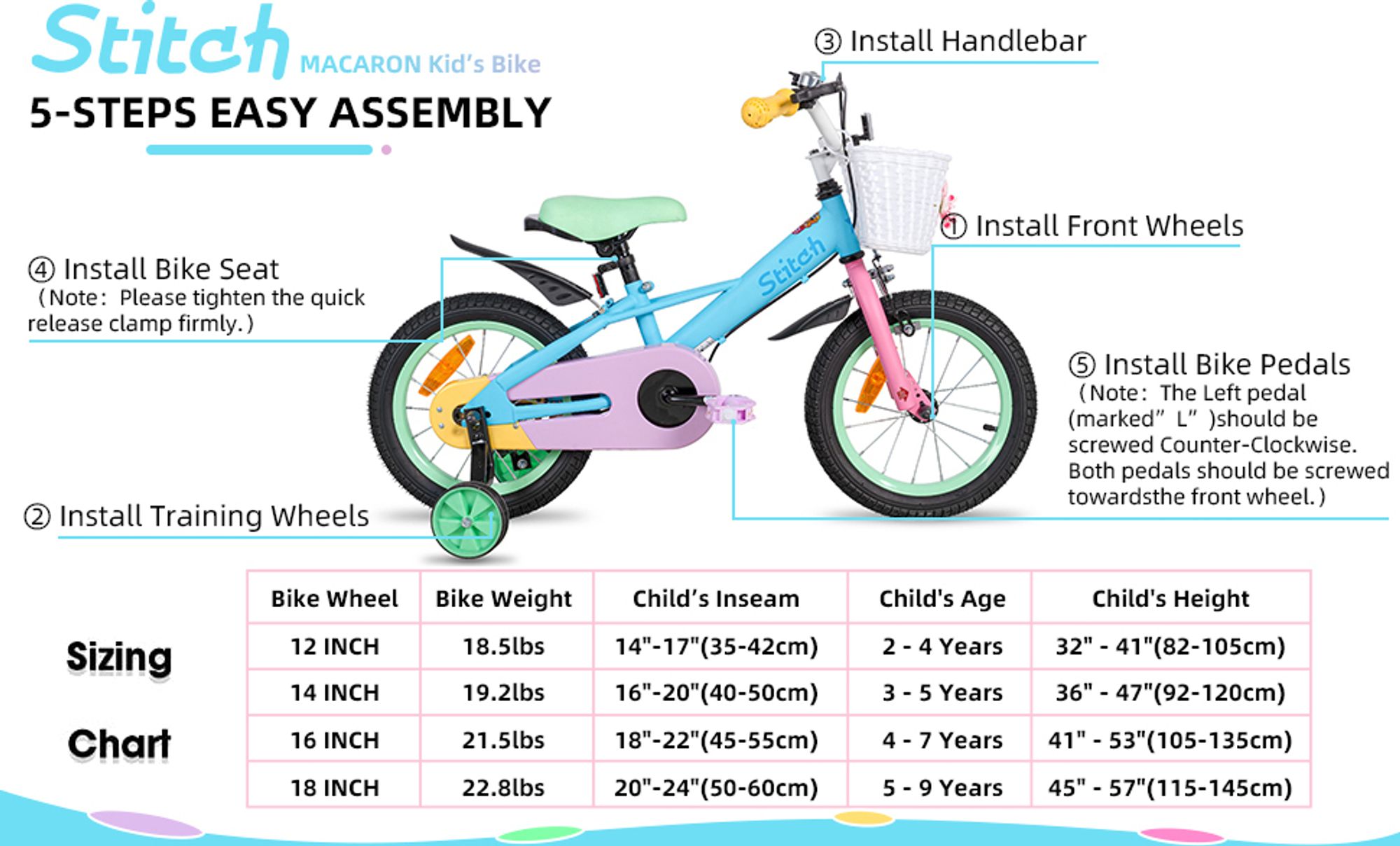 HILAND Macaron 14 Zoll Kinderfahrrad für Mädchen & Jungen ab 3 4 5 6 7 Jahren, mit Korb & Stützrädern, Blau