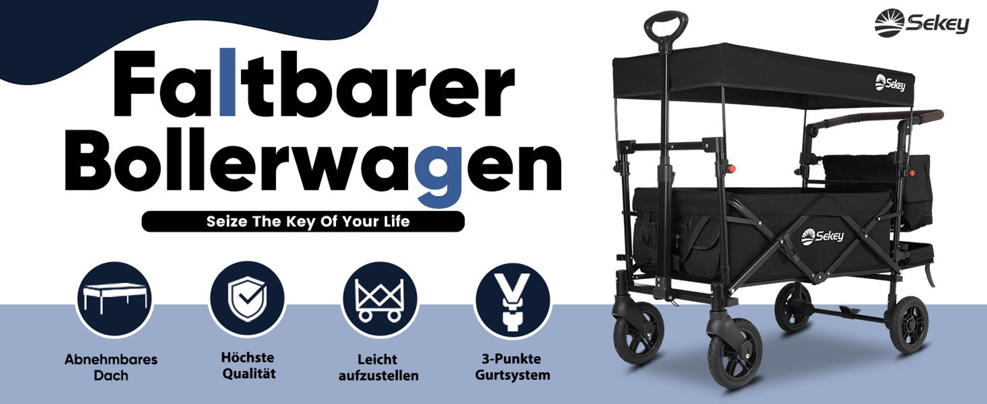 Sekey Bollerwagen Faltbar mit Dach und Sitz, Bollerwagen für 2 Kinder, mit 3-Punkt Gurtsystem, Schwarz