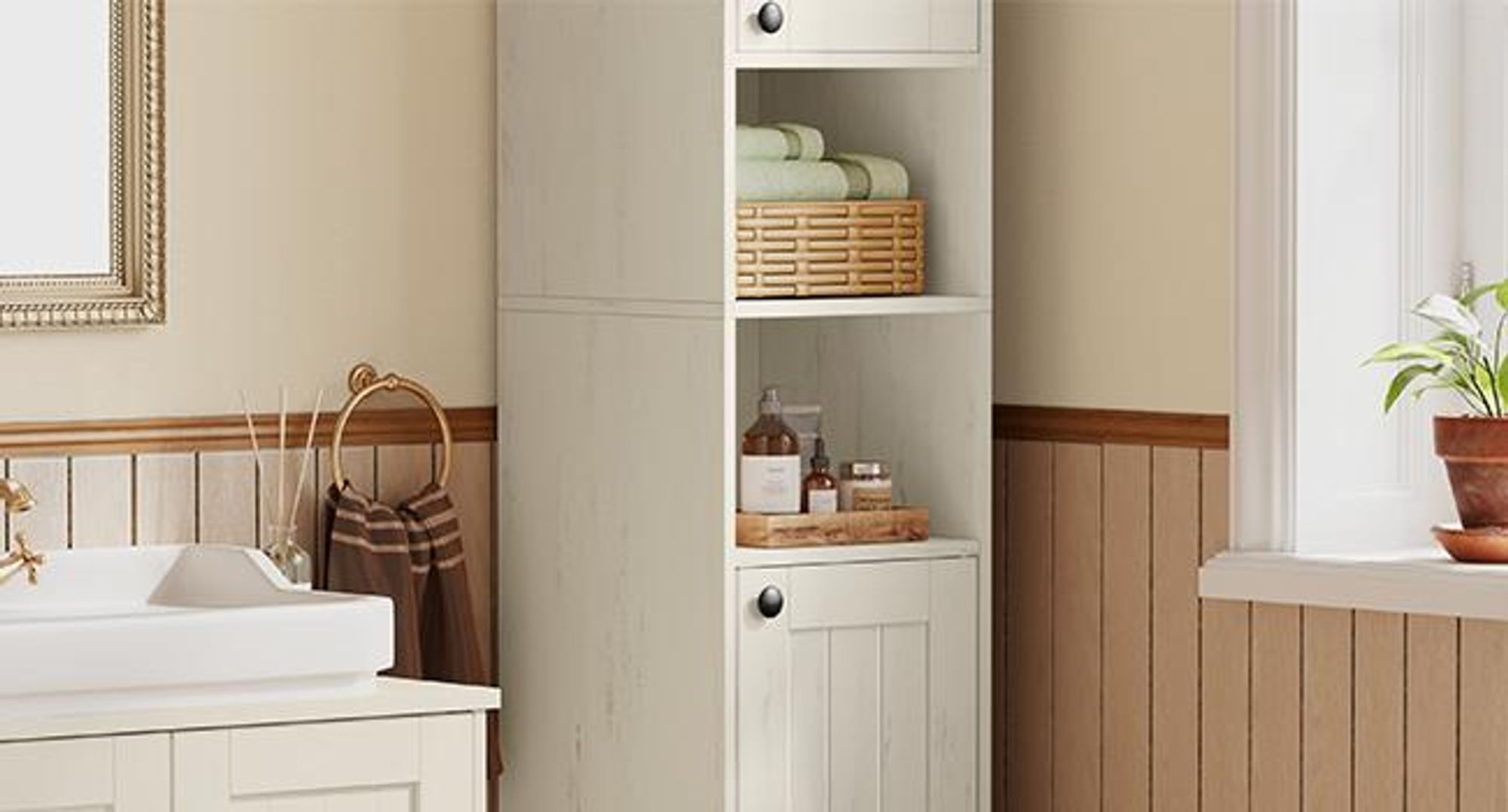 SONGMICS HOME Badezimmerschrank, Toolless-Technologie, superschnelle werkzeuglose Montage, Badschrank schmal, verstellbare Ablagen, Wohnzimmer