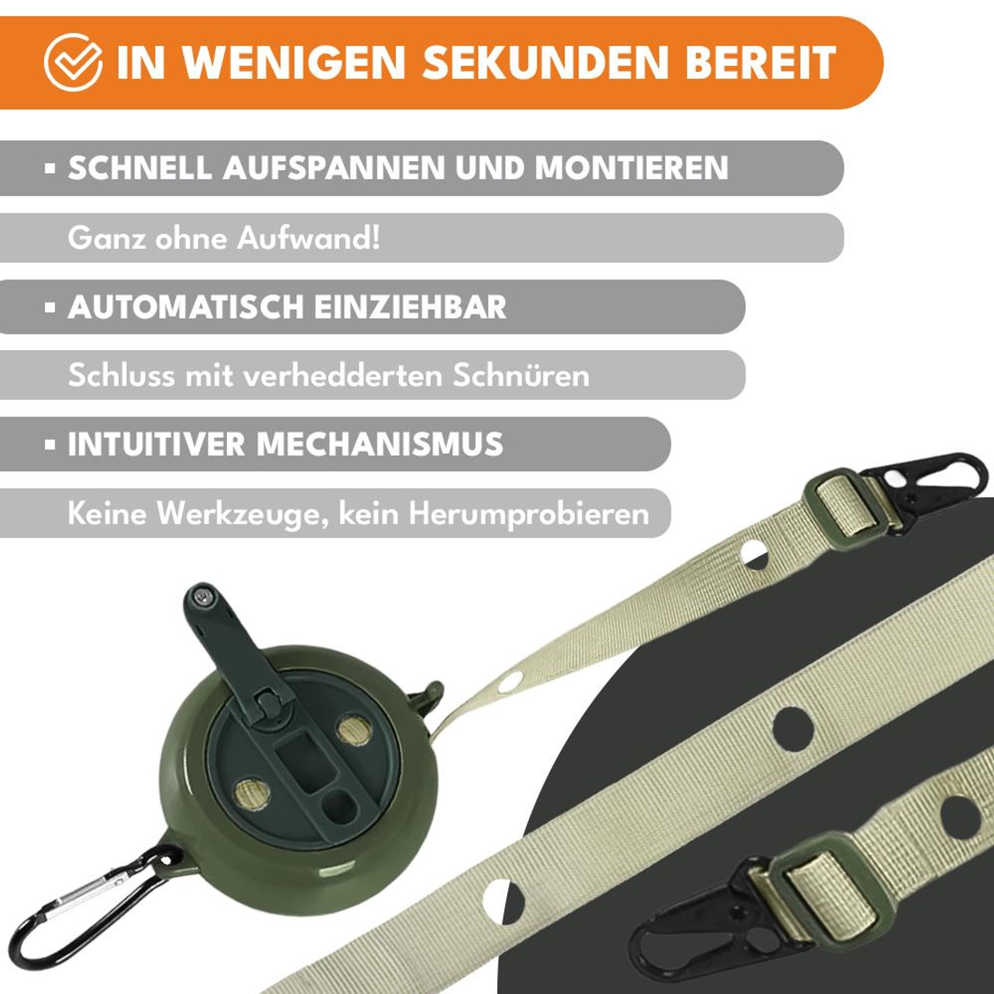KRUMAD Ausziehbare Wäscheleine  4m - tragbare Camping-Wäscheleine mit Stahlkarabiner, klappbar, für Haushalt, Balkon, Wohnwagen & Outdoor