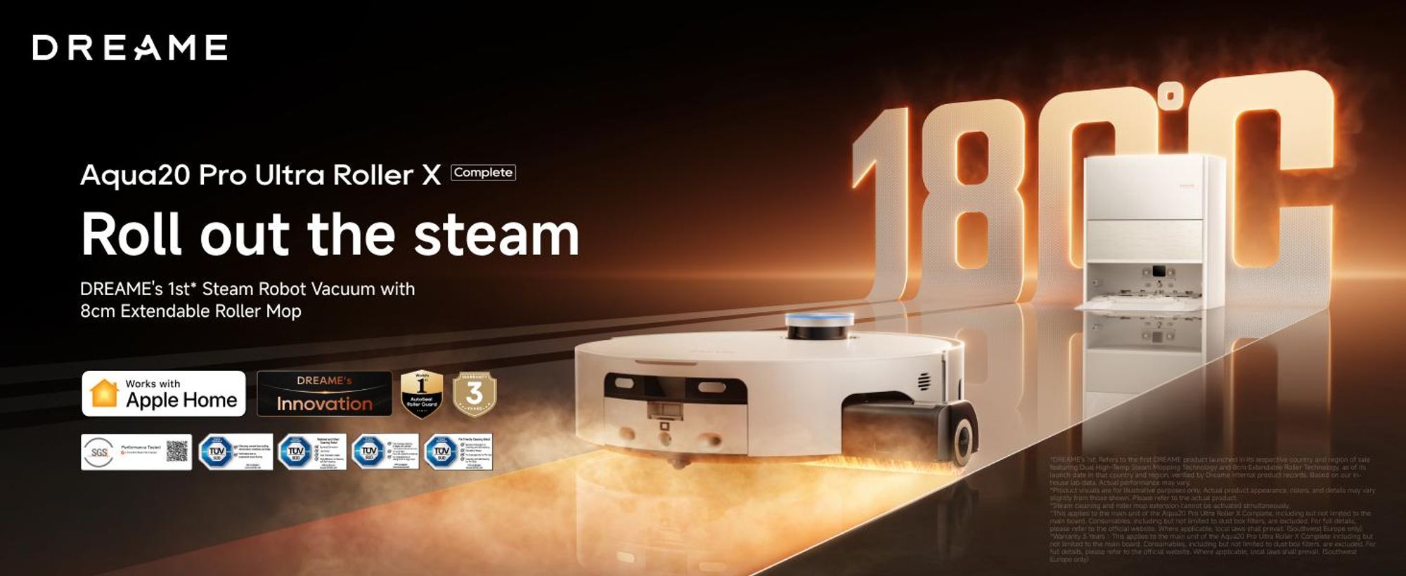 Dreame Aqua20 Pro Ultra Roller X Complete Nass-Trocken-Saugroboter,40KPa Saugkraft,180°C Dampf,8cm MopExtend,OmniSight 4.0,ProLeap 10cm,All-in-1,Weiß