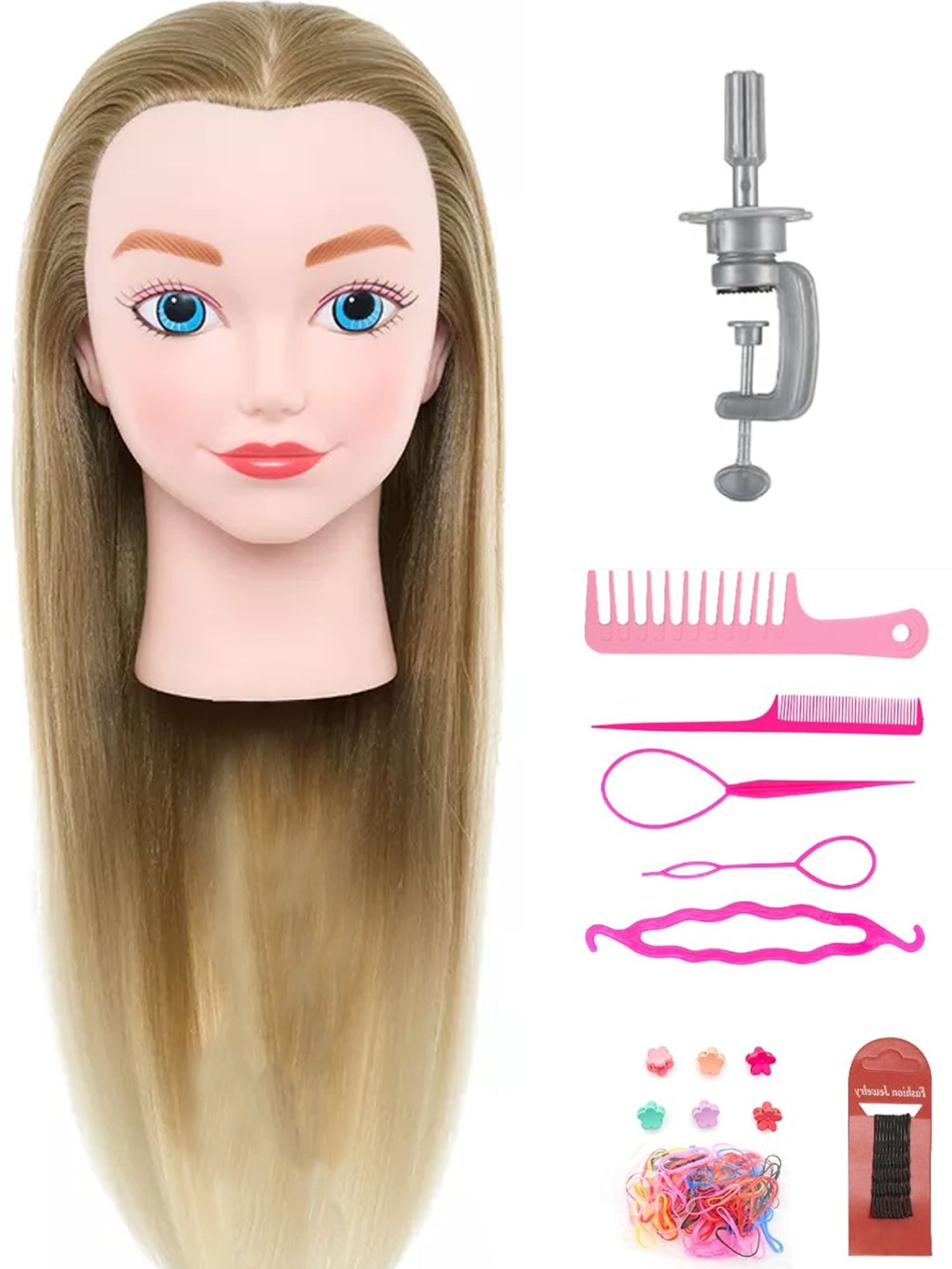 Friseur-Übungskopf Friseurpuppe Trainingskopf mit Stativ und Styling-Zubehör - Friseurkopf - Blondes Ombre-Haar - 50 cm