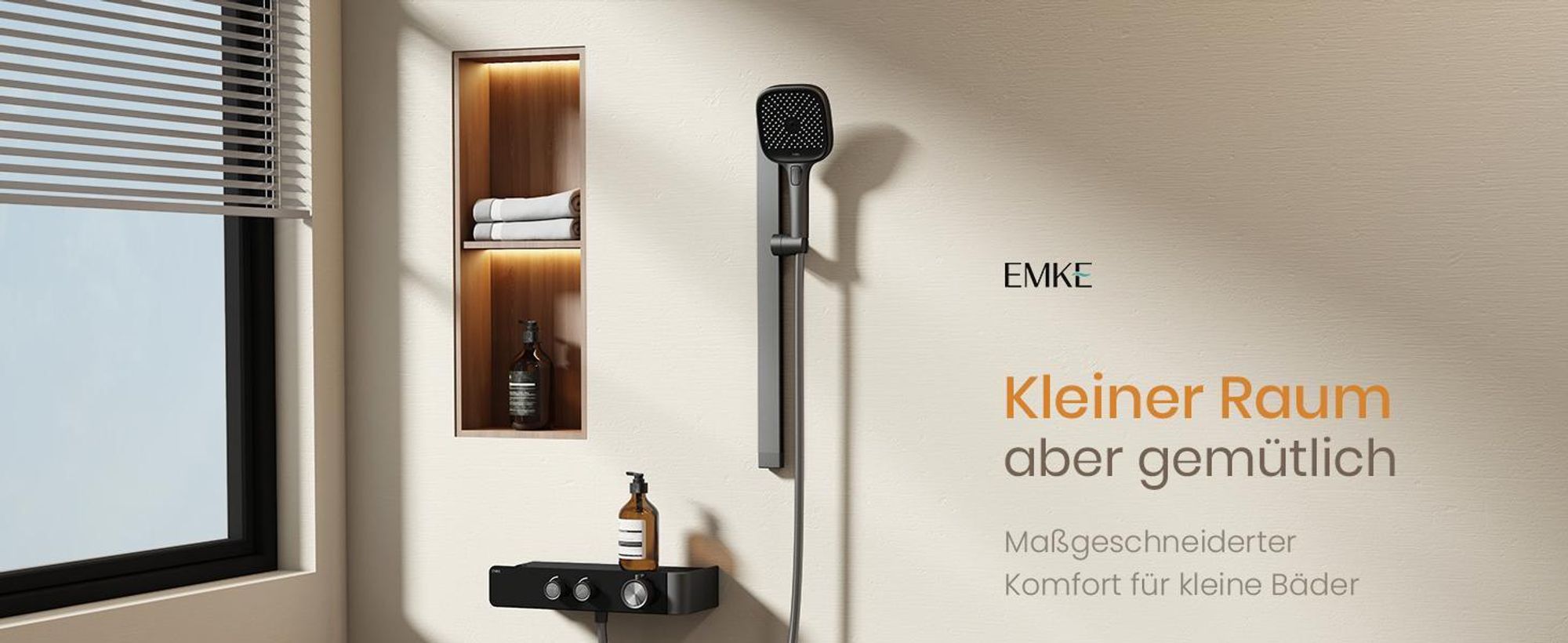 EMKE Duschsystem mit Thermostat geteilt Matt Anthrazit höhenverstellbar Duschstange 3 Strahlarten Handbrause Wasserfluss einstellen Flexibler Montage