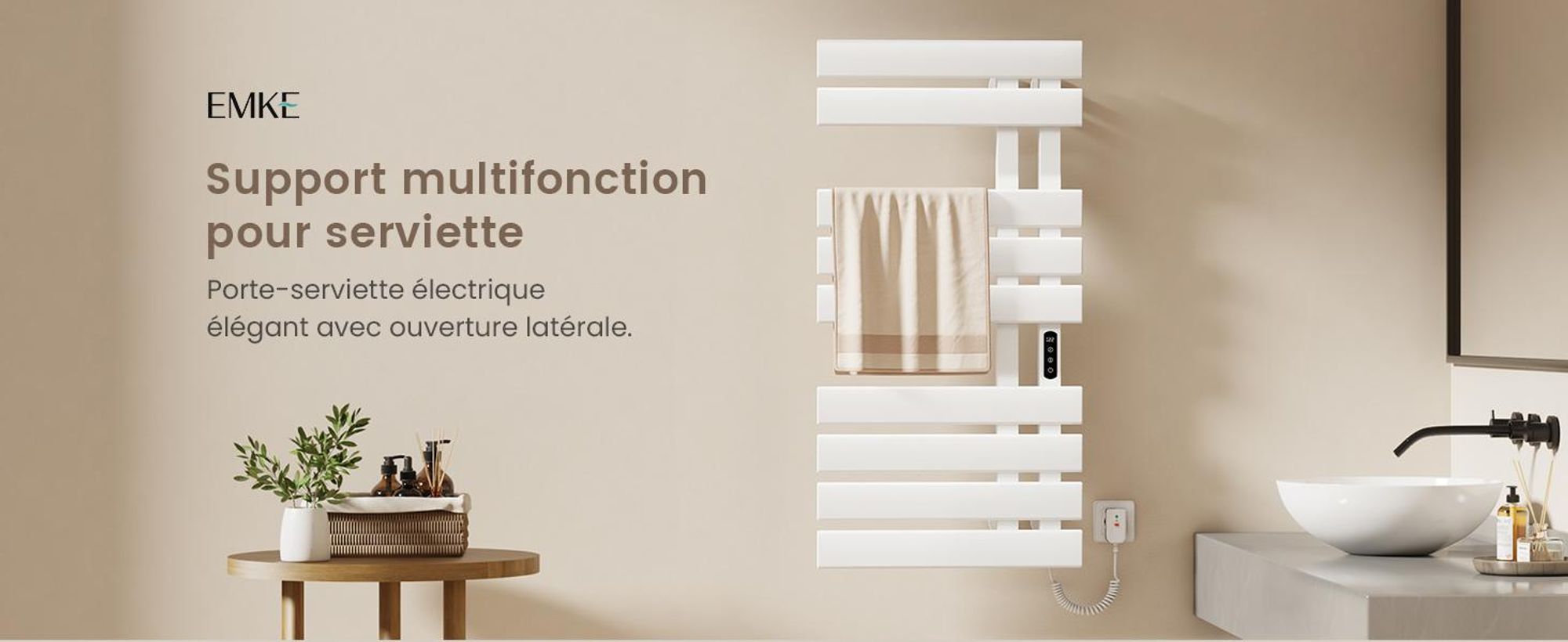 EMKE Sèche-serviettes électrique 1000X500mm 320W blanc raccordement à droite, intelligent WiFi App, LCD tactile, Minuterie 1-9H, IPX5