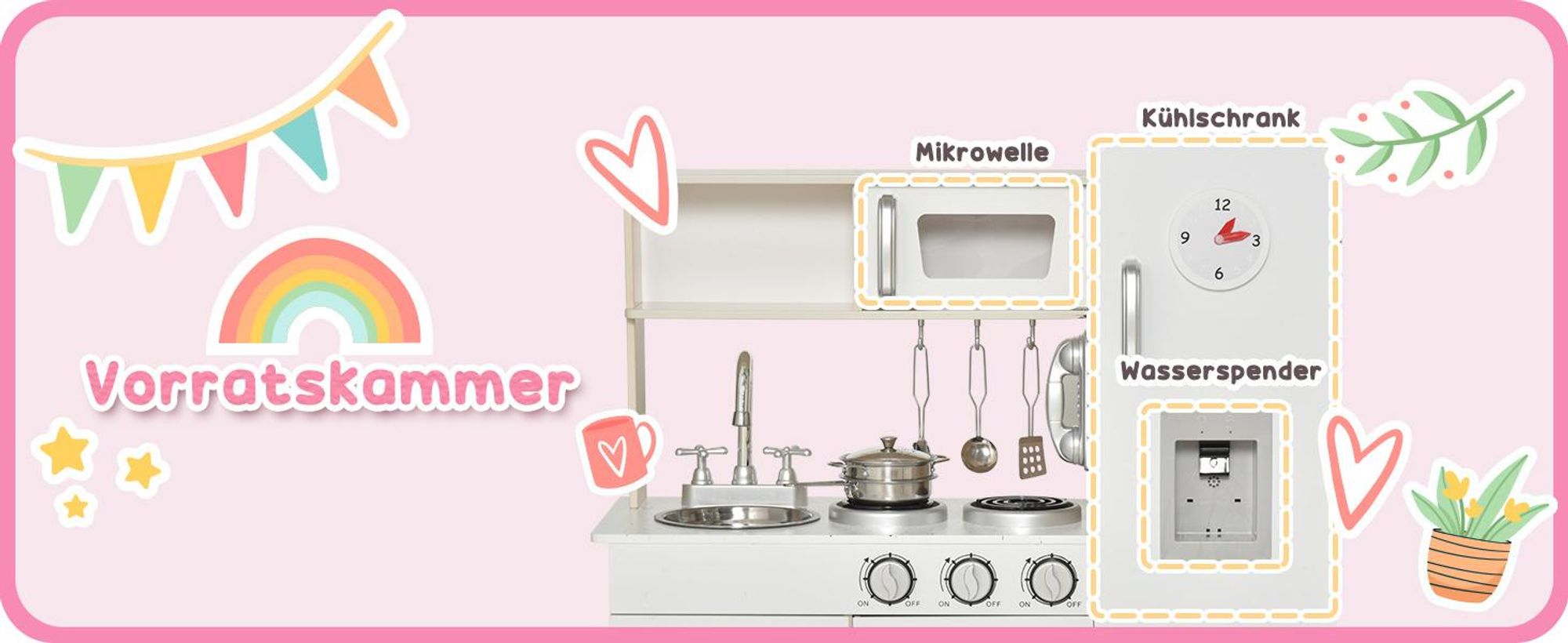 HOMCOM 2-in-1 Kinder Puppenhaus Kinderküche aus Holz mit Zubehör 3 Jahre+ MDF