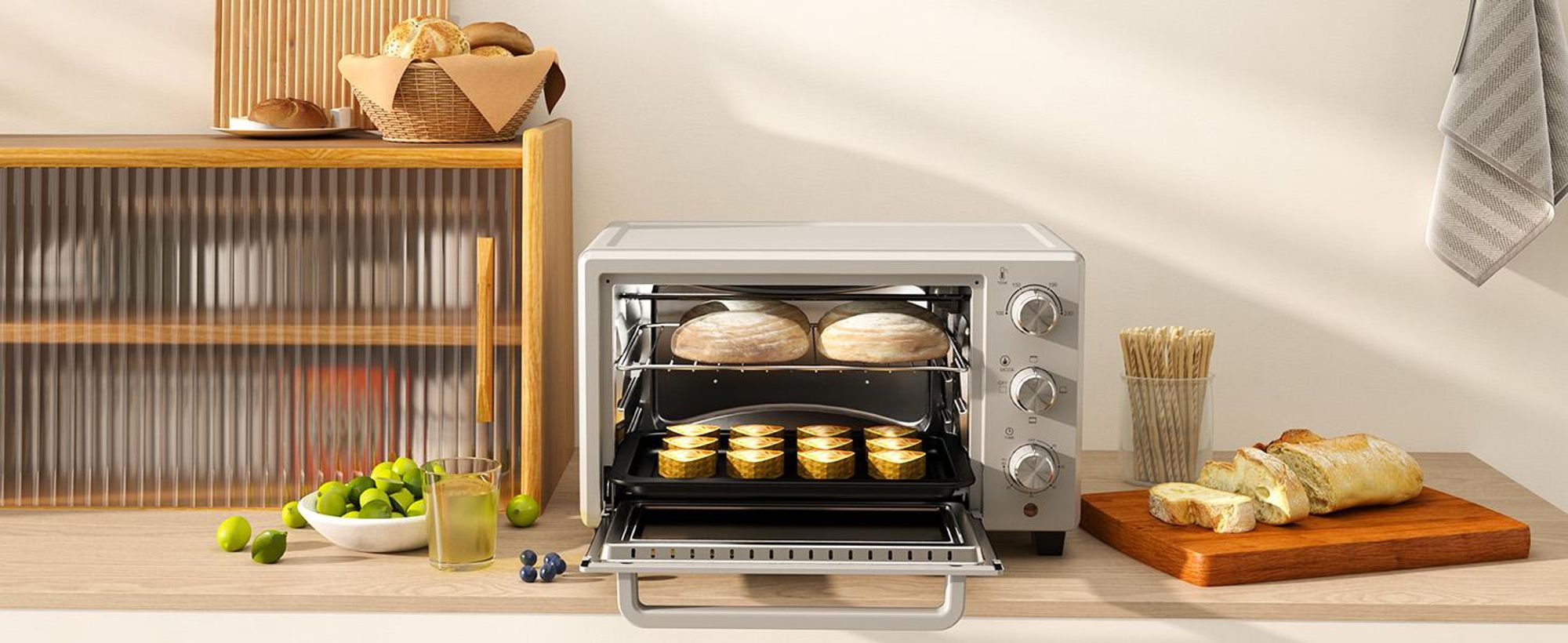 HOMCOM Mini piekarnik 21 l – piekarnik do pizzy, mini piekarnik z blachą do pieczenia, rusztem do grillowania i tacką na okruchy