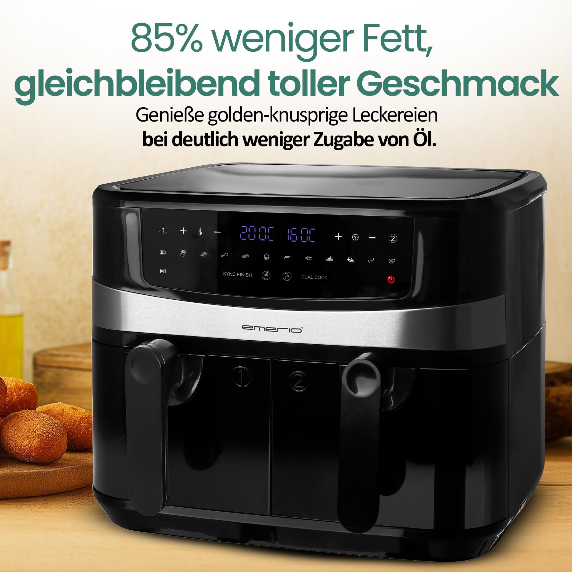 Emerio Doppelte XXL-Heißluftfritteuse 2400 W – 10 Liter – Einstellbares Thermostat 50–200 °C – 9 Kochprogramme – AF-126672.4 Schwarz