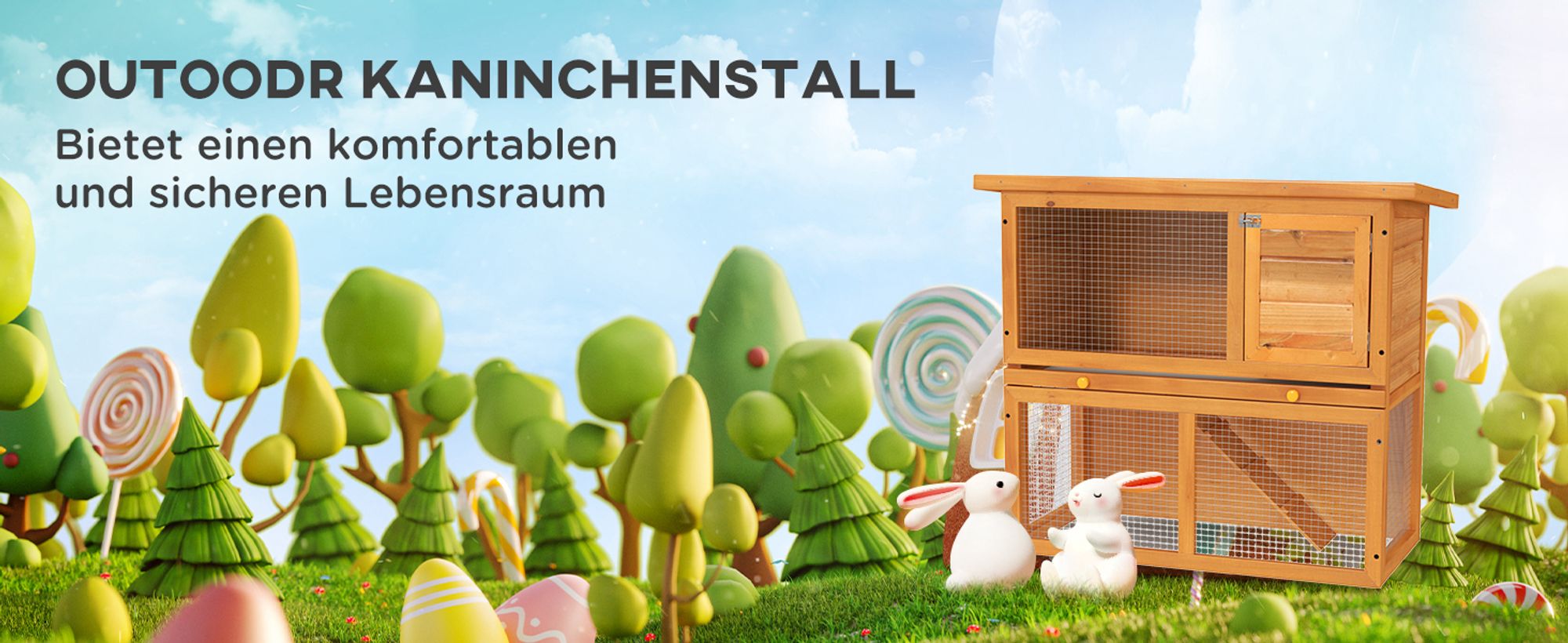 PawHut Kleintierstall Kleintierkäfig Zwergkaninchenstall Rampe Tannenholz Gelb