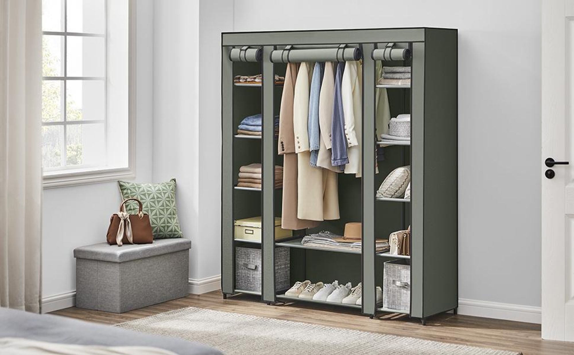 SONGMICS Kleiderschrank, Stoffschrank, mit Überzug aus Vliesstoff, Faltschrank mit Kleiderstange, 45 x 150 x 175 cm, 12 Ablagen, Metallrahmen
