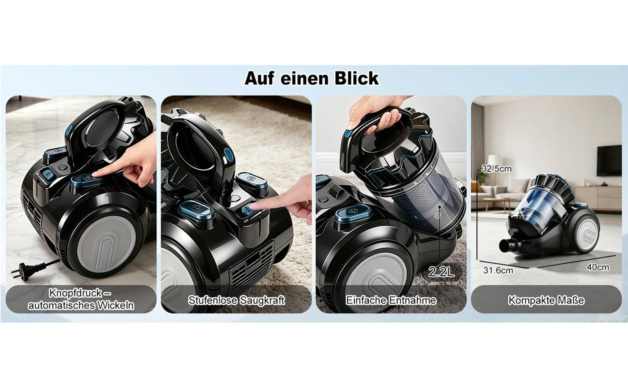 Bodenstaubsauger staubsauger beutellos, Hygiene-Filter, hohe Saugkraft kompakt für Hartboden/Teppich, Turbodüse, Polsterdüse, 6m langes Kabel