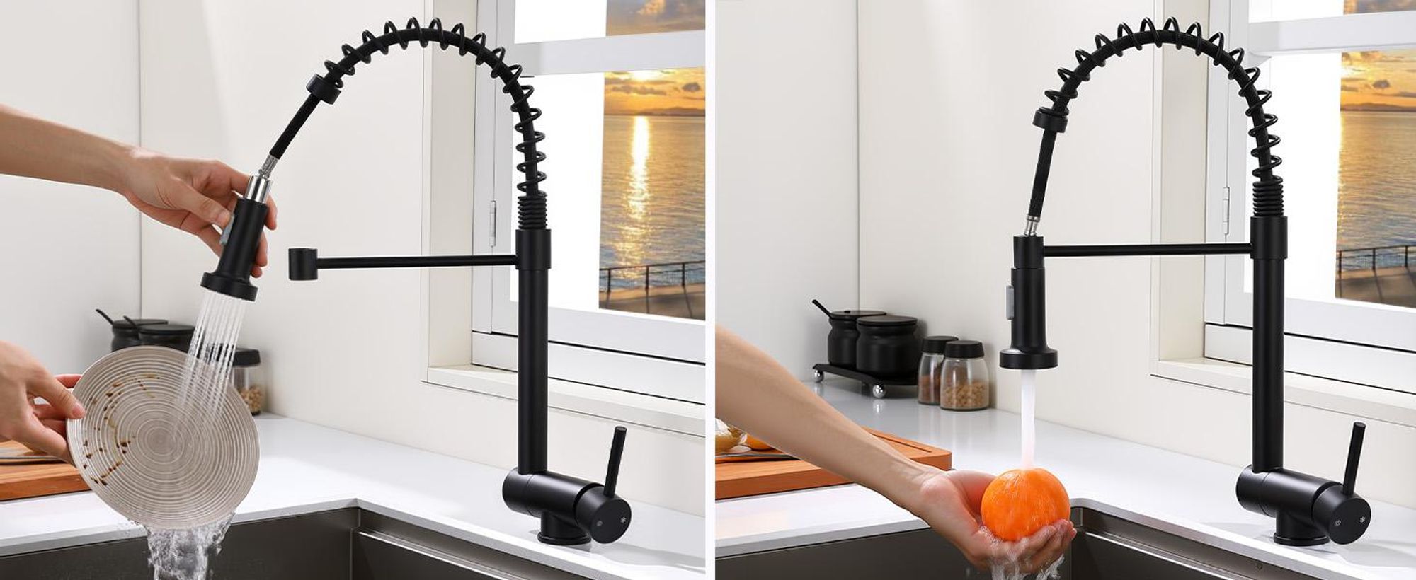 Homelody Vorfenster Küchenarmatur Klappbar, 90° Faltbar 360° Drehbare Hochdruck Edelstahl Wasserhahn Küche mit Brause Ausziehbar 2 Strahlarten Schwarz