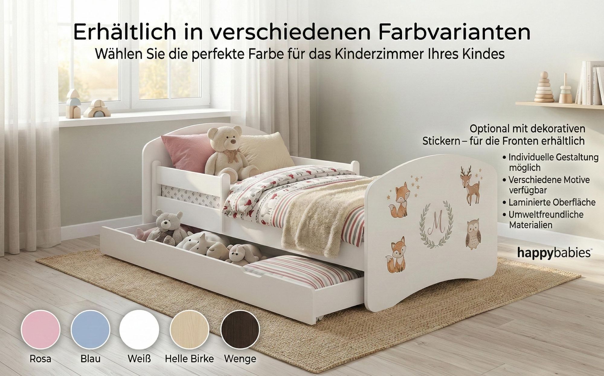 Viele Bettfarben und bunte Aufkleber zur Auswahl