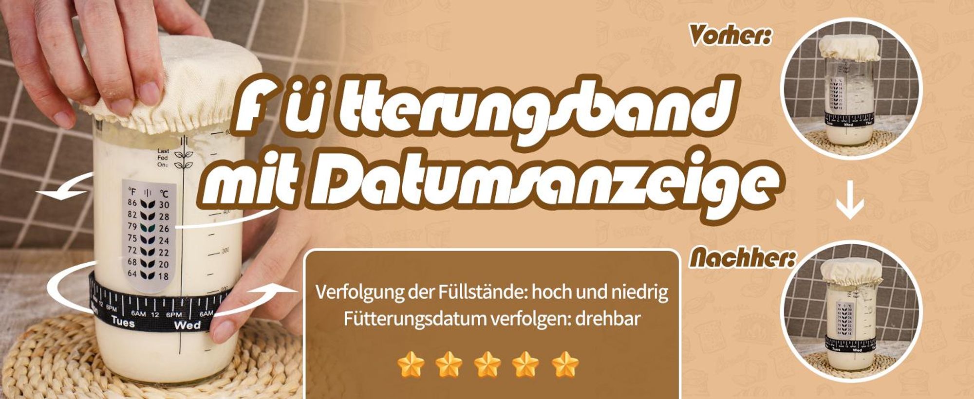 Gärkörbchen Set aus Rattan 10-teilig, Komplettes Brotback Set mit Sauerteigglas, Backmatte & Brotschneider mit 5 Klingen für Anfänger und Profis